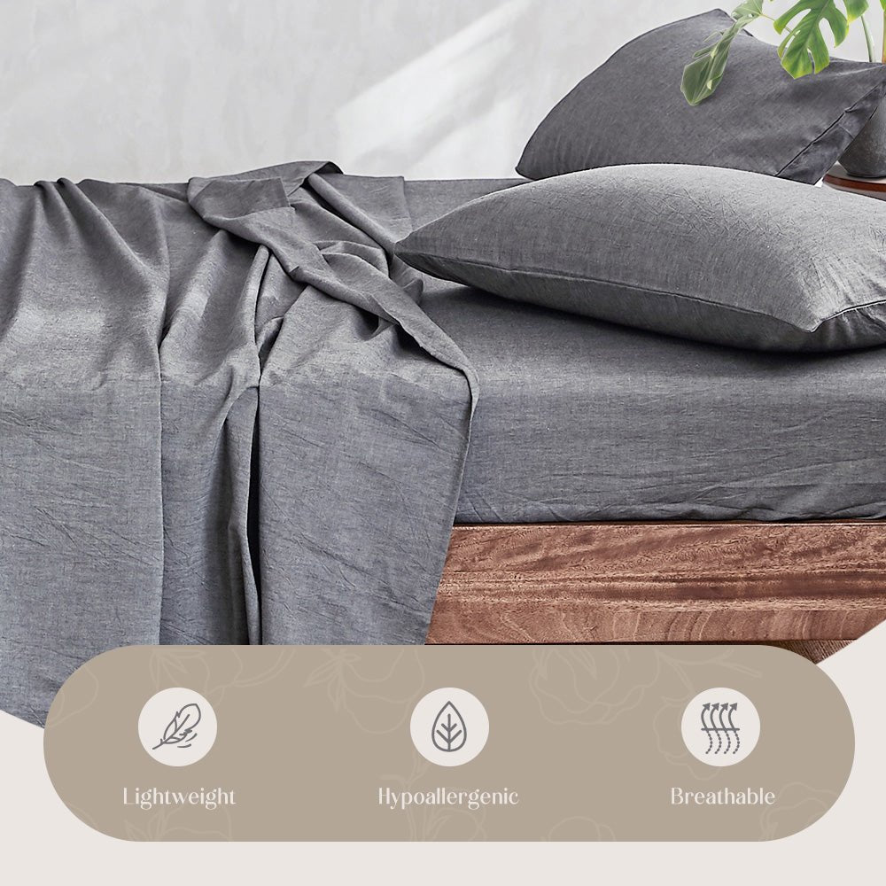 Premium 100% Cotton Bed Sheet Set - Single Size with Flat Sheet & Pillowcase - Soft Breathable Black Bedding for Comfortable Sleep - Perfect for Home, Dorm, or Guest Room