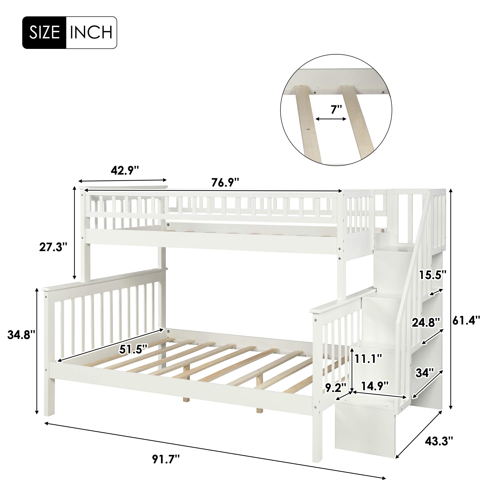Twin Over Full Bunk Bed Frame for Kids - Solid Wood Bunk Beds with Storage Drawers, Safety Guard Rails & Staircase - White | Space-Saving Bedroom Solution for Siblings or Sleepovers