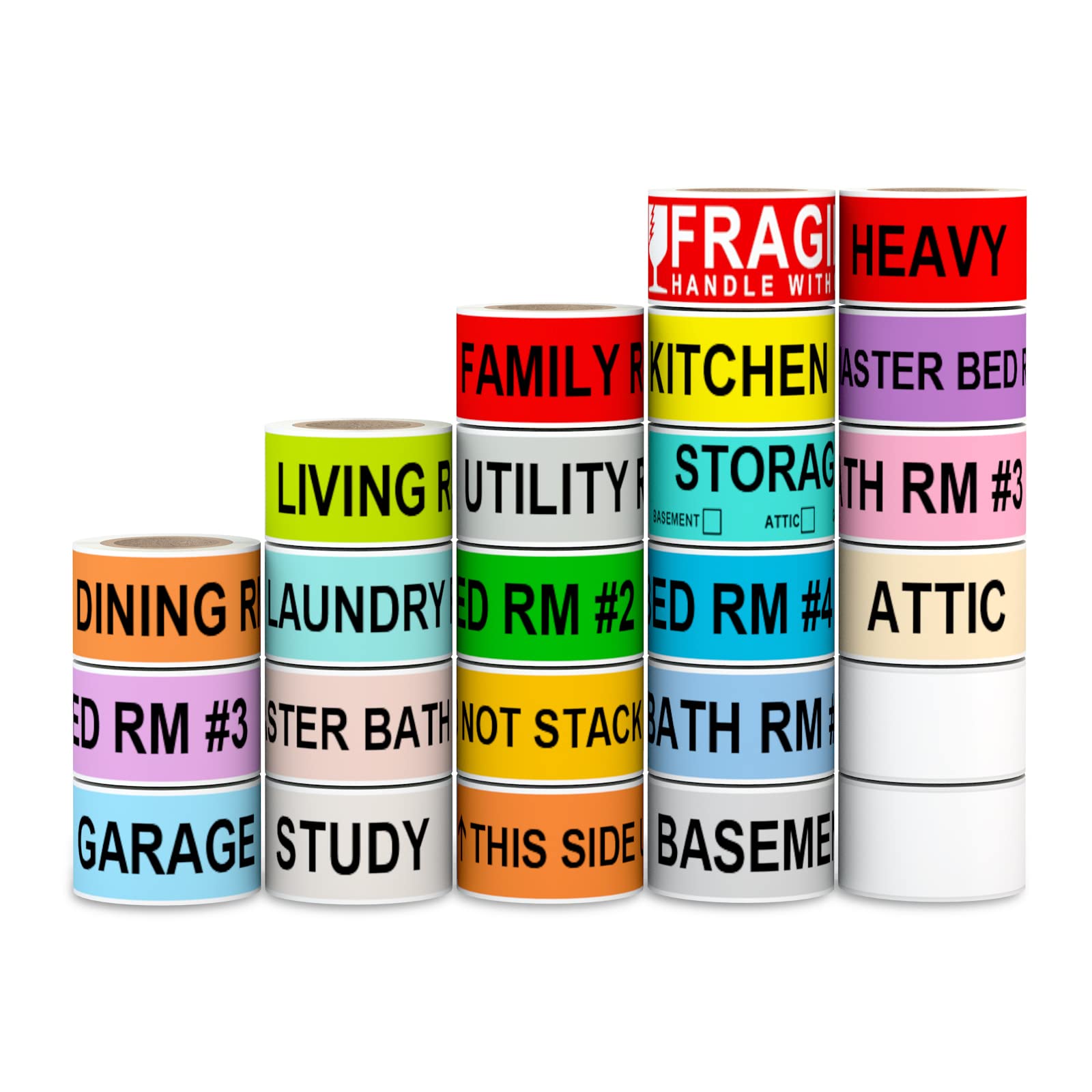 1440-Pack Color-Coded Moving Labels for Boxes - 24 Rolls with Fragile Stickers & 2 Blank Customizable Rolls | Perfect for Home Moving, Packing & Storage Organization
