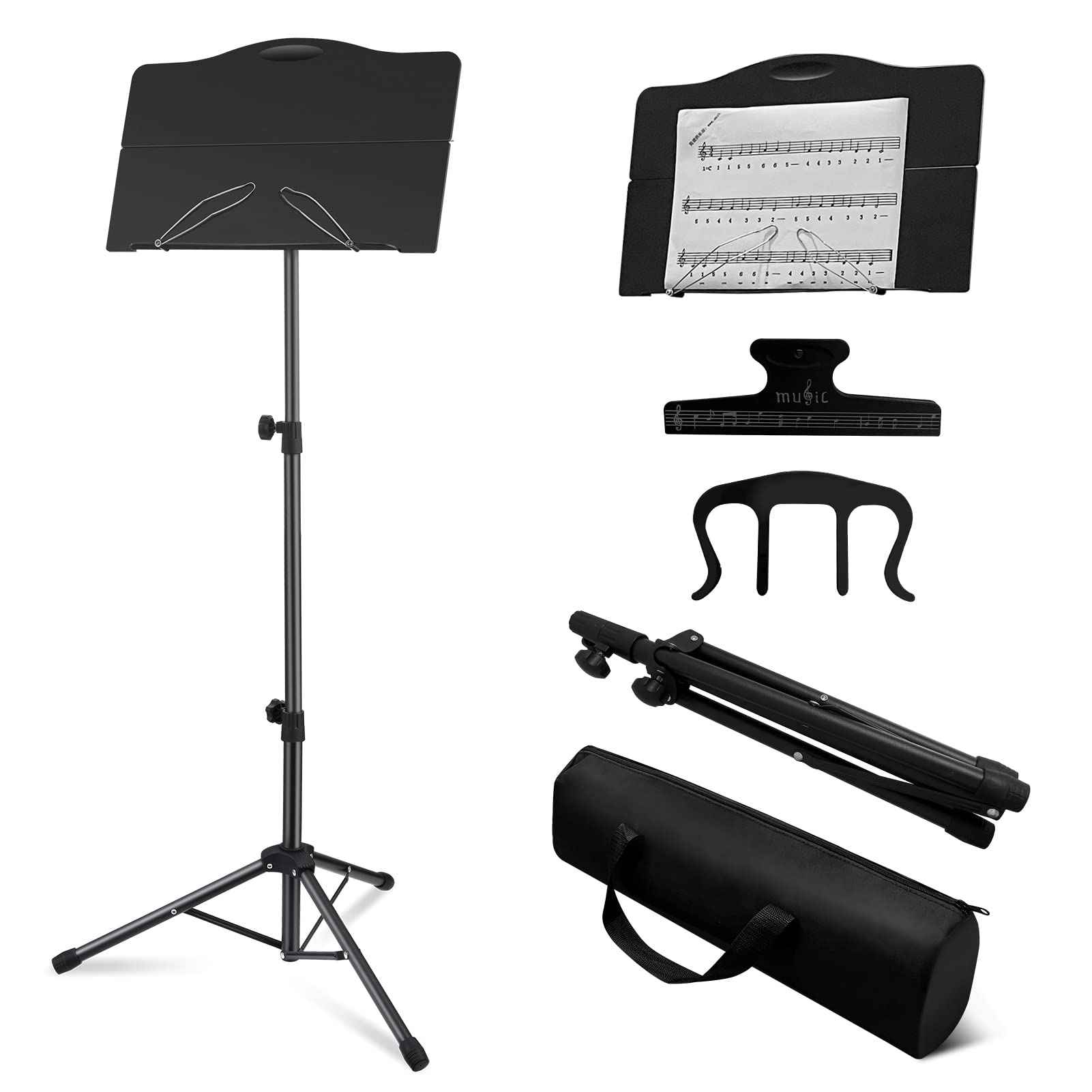 Portable Folding Music Stand with Carrying Bag - Lightweight Sheet Music Holder with Adjustable Book Clip & Page Holder for Guitar, Violin, Ukulele Players - Perfect for Performances, Practice & Outdoor Concerts