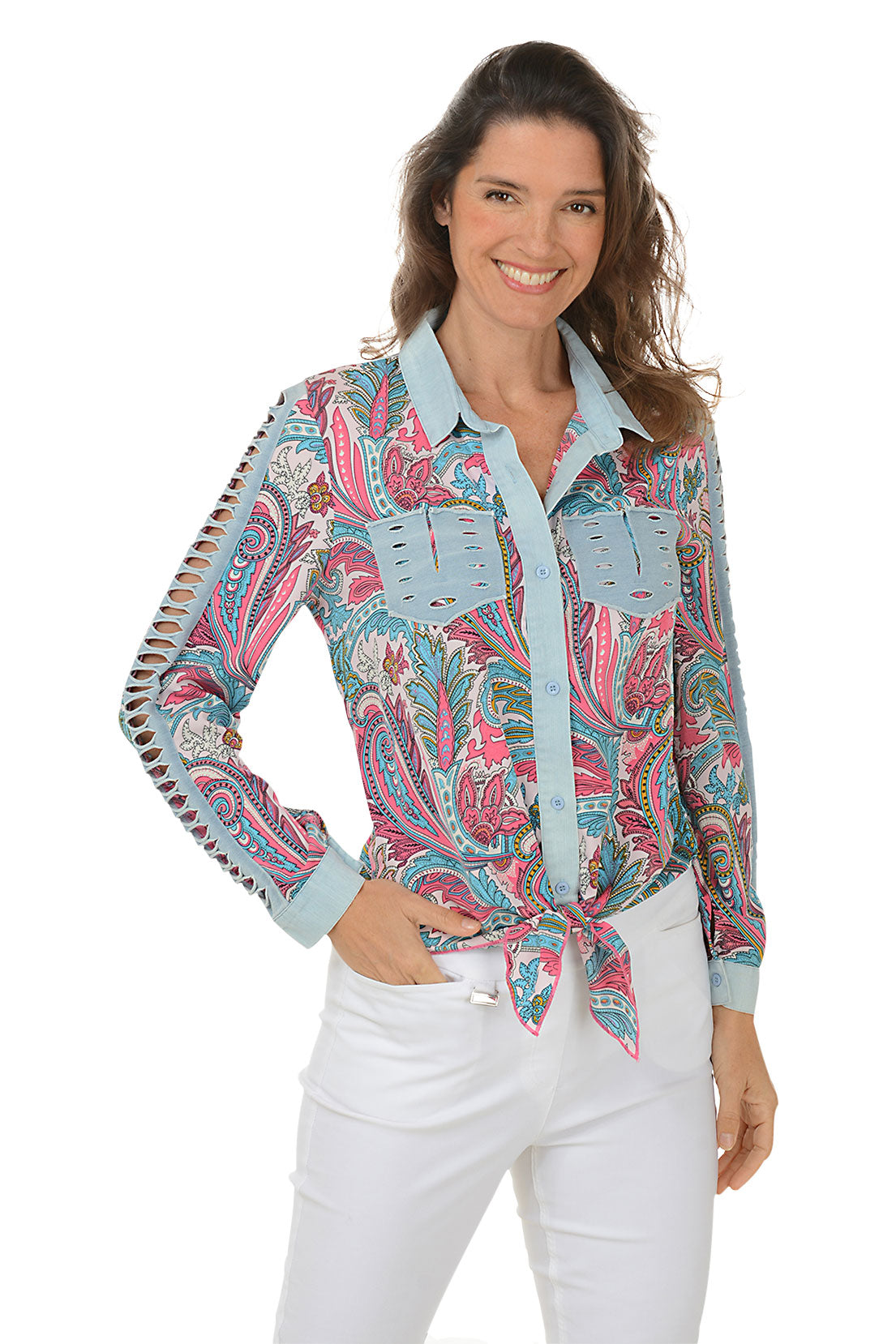 Stylish Pink Slashed Paisley Tie Front Shirt for Women | Trendy Floral Print Blouse | Perfect for Office, Date Night & Casual Outfits
