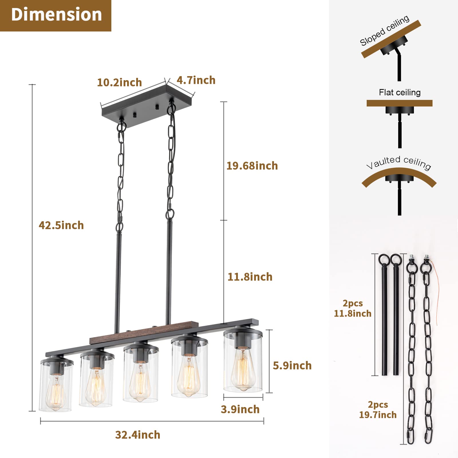 Farmhouse 5-Light Kitchen Island Chandelier - Rustic Wood Frame & Black Metal Finish with Clear Glass Shades - Adjustable Pendant Lighting for Dining Table, Kitchen Island - Perfect for Farmhouse, Rustic & Industrial Style Home Decor