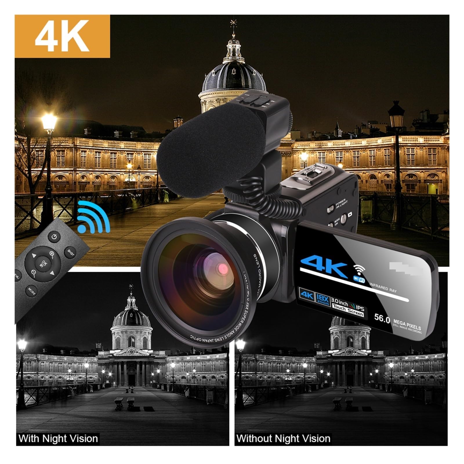 NMBHUS 4K UHD Streaming Camera - 56MP WiFi Webcam with 18X Zoom, Infrared Night Vision for Vlogging, YouTube Recording & Live Streaming (No SD Card Included) - Perfect for Home Videos, Travel Vlogs, and Online Meetings
