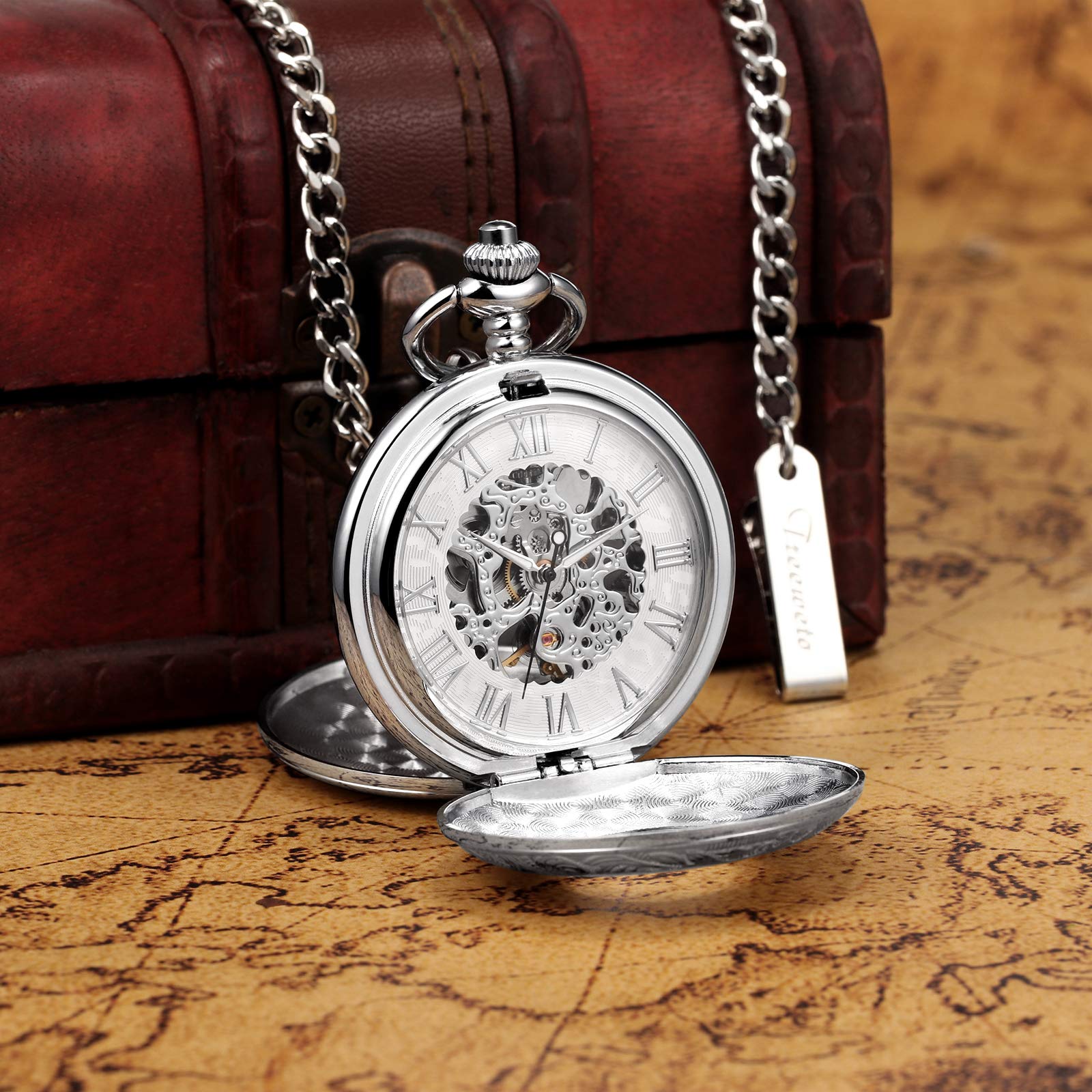 Men's Skeleton Pocket Watch - Blue Roman Dial for Gifts & Collectors
