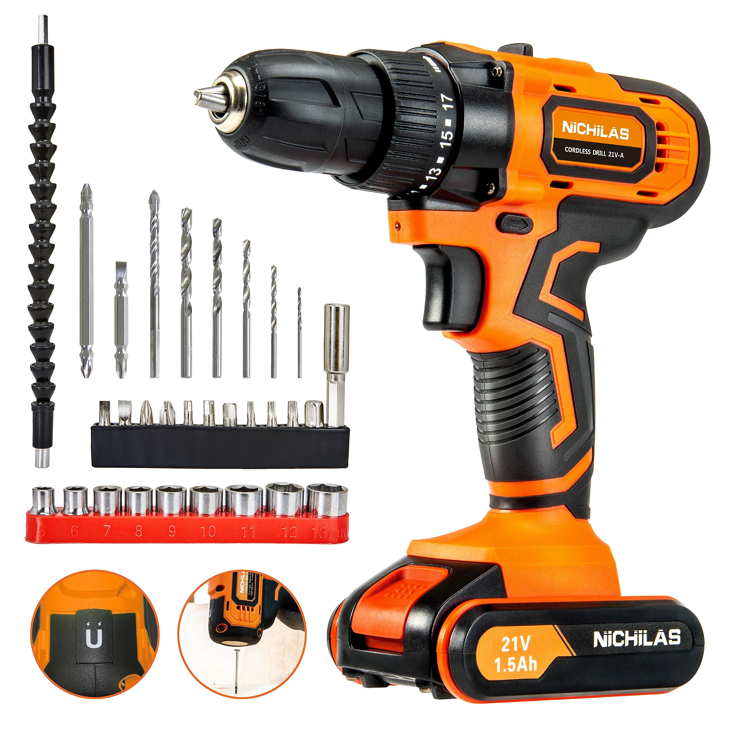 21V Cordless Drill with 2 Variable Speeds & 3/8