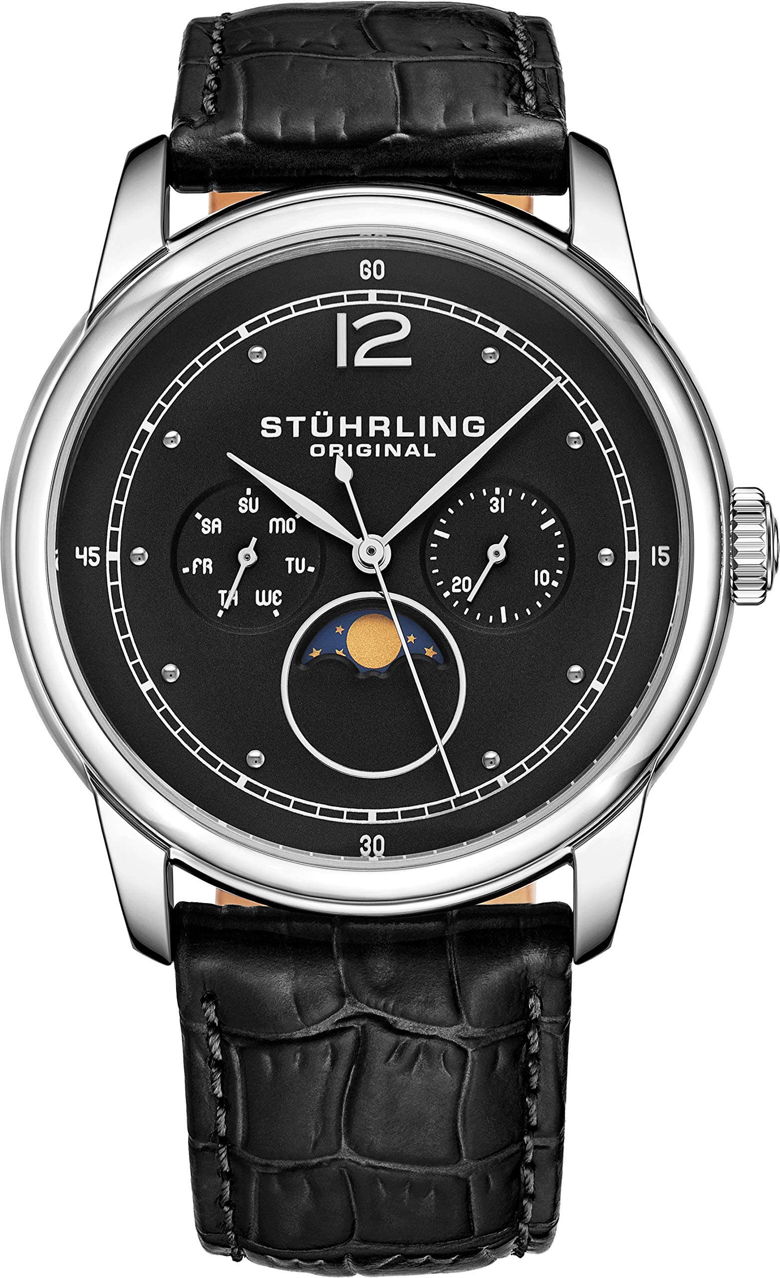 Stuhrling Original Men's Moon Phase Dress Watch - Stainless Steel Case & Genuine Leather Band - Analog Dial with Day/Date - Celestia Collection - Perfect for Business, Formal Events & Gifts