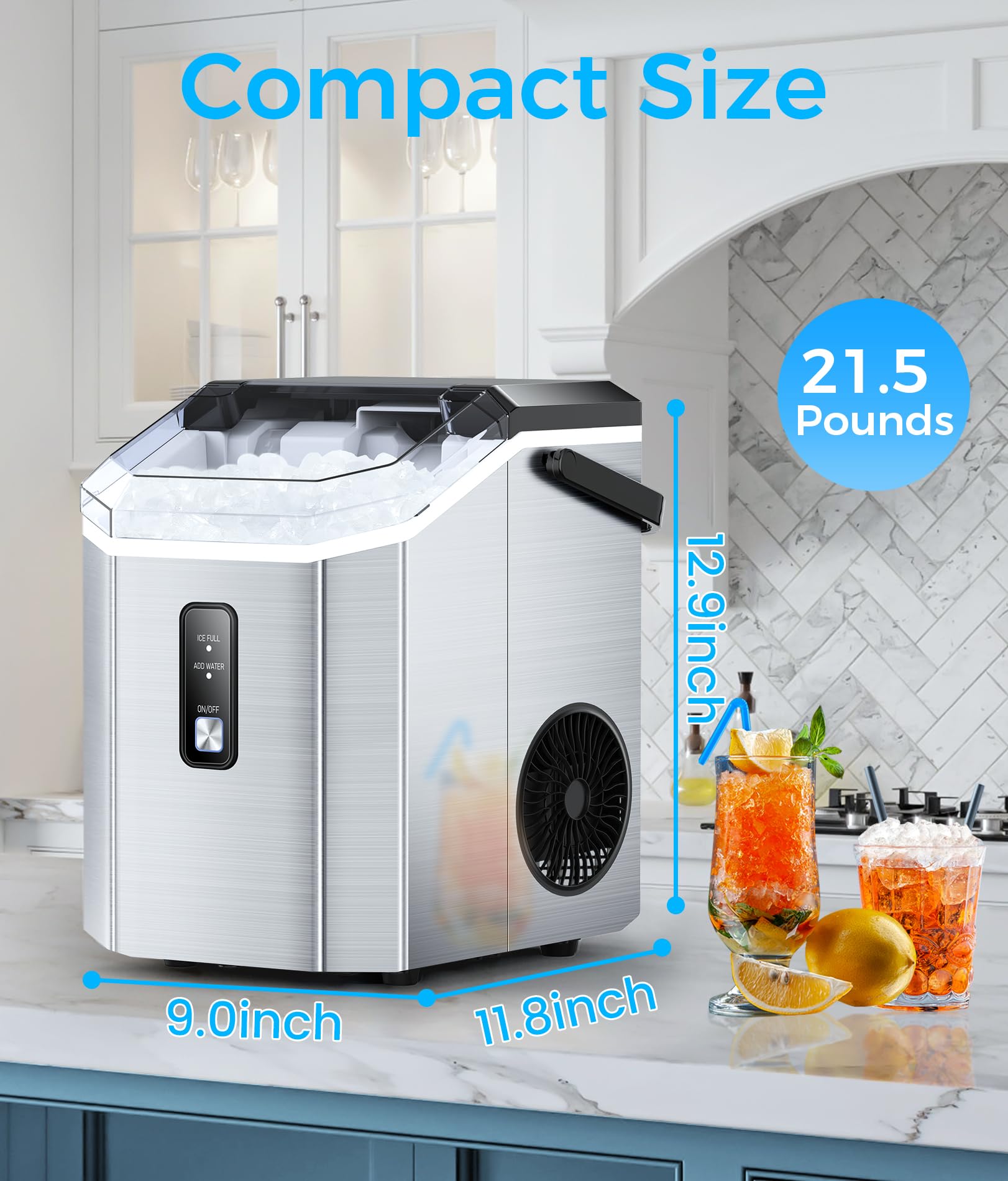 Premium Countertop Nugget Ice Maker - 33lbs/Day, Stainless Steel Portable Ice Machine with Self-Cleaning & Handle | Perfect for Home Bars, Office Breakrooms & Outdoor Parties | Includes Ice Scoop & Basket (Silver)