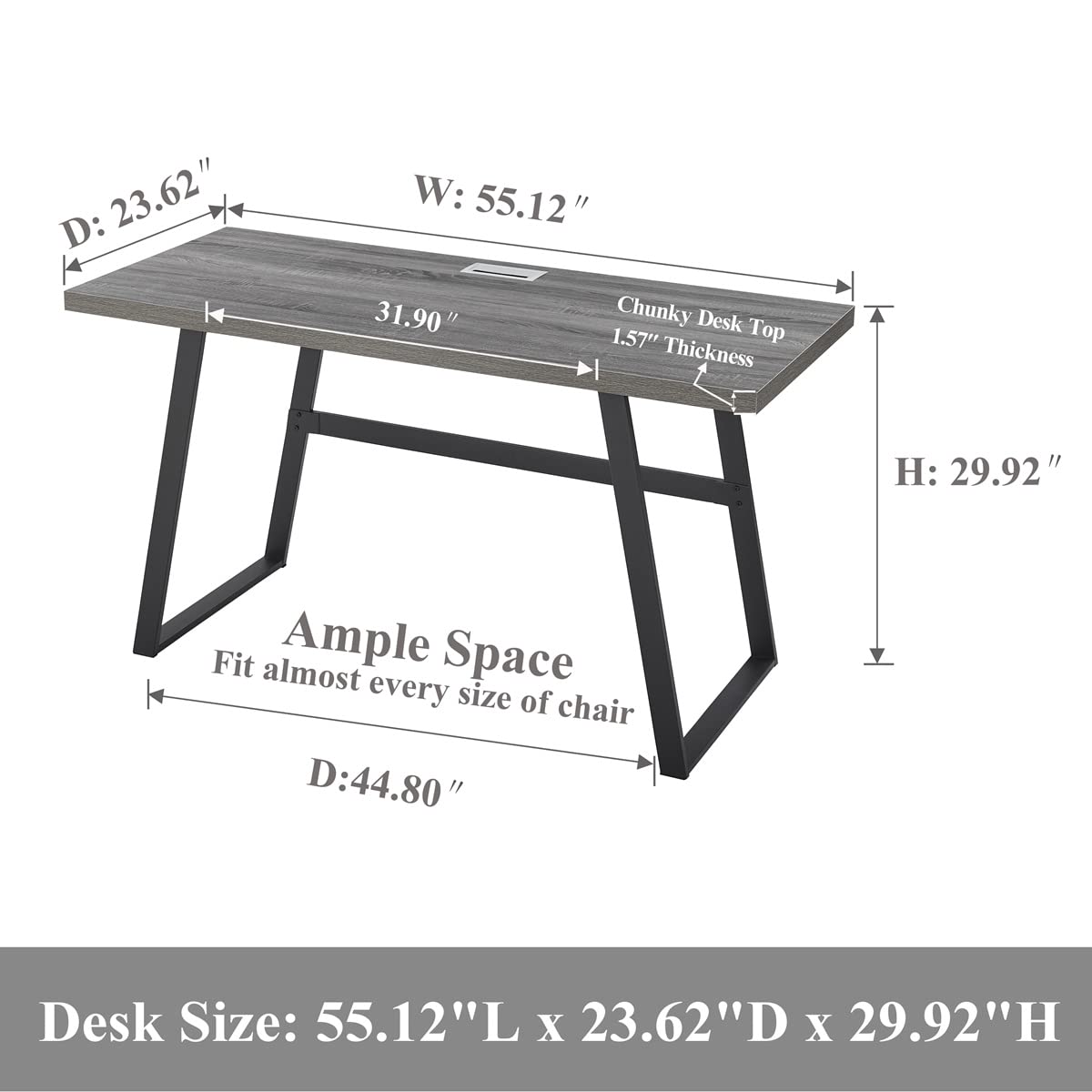 BON AUGURE 55 Inch Computer Desk - Wood & Metal Home Office Workstation (Dark Grey Oak) for Study & Workspace