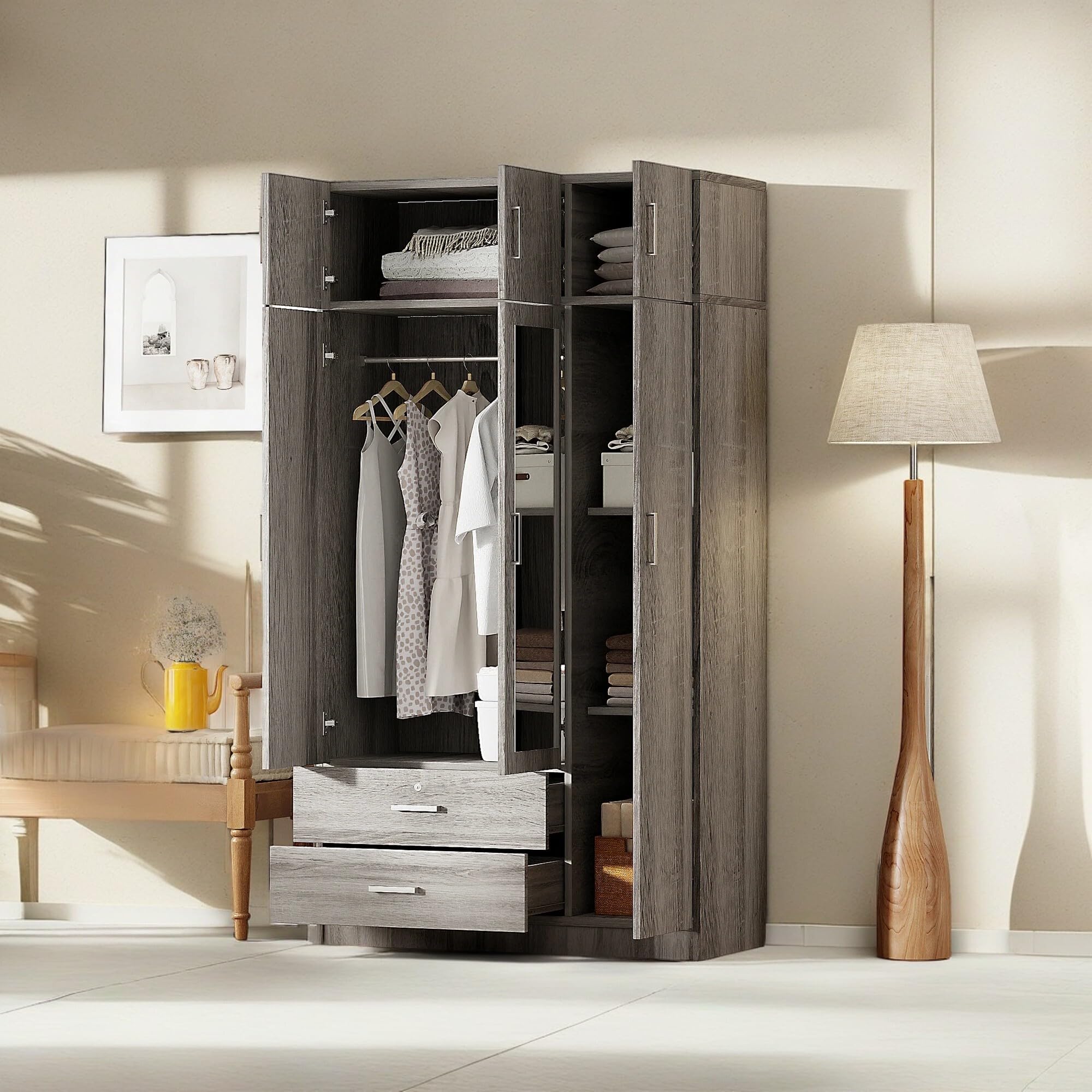 Modern 3-Door Wardrobe with Drawers & Shelves - Freestanding Closet Organizer for Bedroom & Home Storage (Grey)