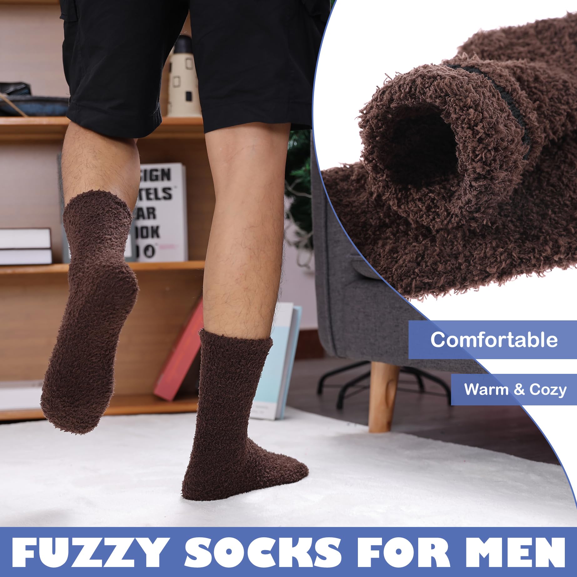 LINEMIN Men's Fuzzy Socks - Ultra Soft Microfiber Cozy Winter Slipper Socks for Warmth & Comfort (5-6 Pairs) - Perfect for Home, Sleeping & Cold Weather Relaxation