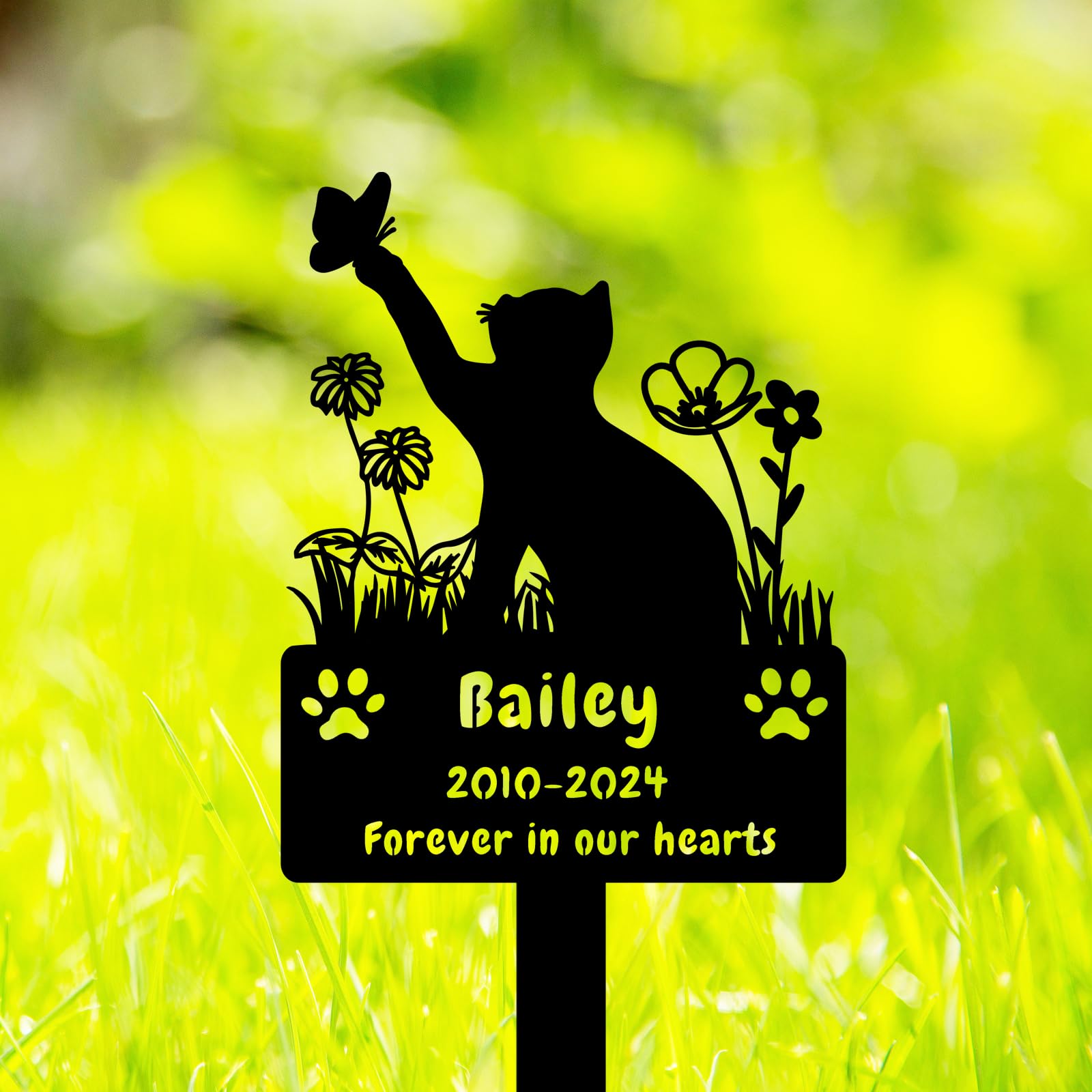 Custom Cat Grave Marker - Personalized Metal Cat Memorial Plaque with Butterfly Flowers Design for Outdoor Pet Burial | Garden Memorial Stake for Deceased Cats | Perfect for Backyard Pet Cemeteries & Memorial Gardens
