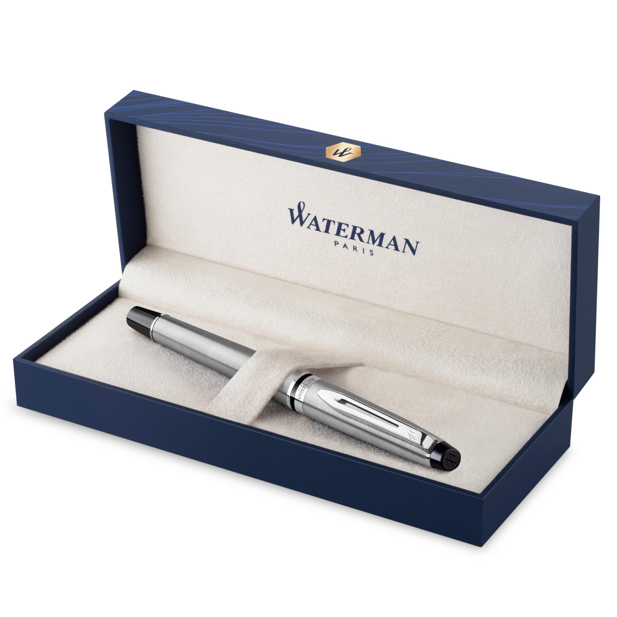 Waterman Expert Fountain Pen - Premium Stainless Steel with Chrome Trim, Medium Nib & Blue Ink Cartridge - Elegant Gift Box for Professionals, Writers & Collectors - Perfect for Office Use, Journaling & Special Occasions