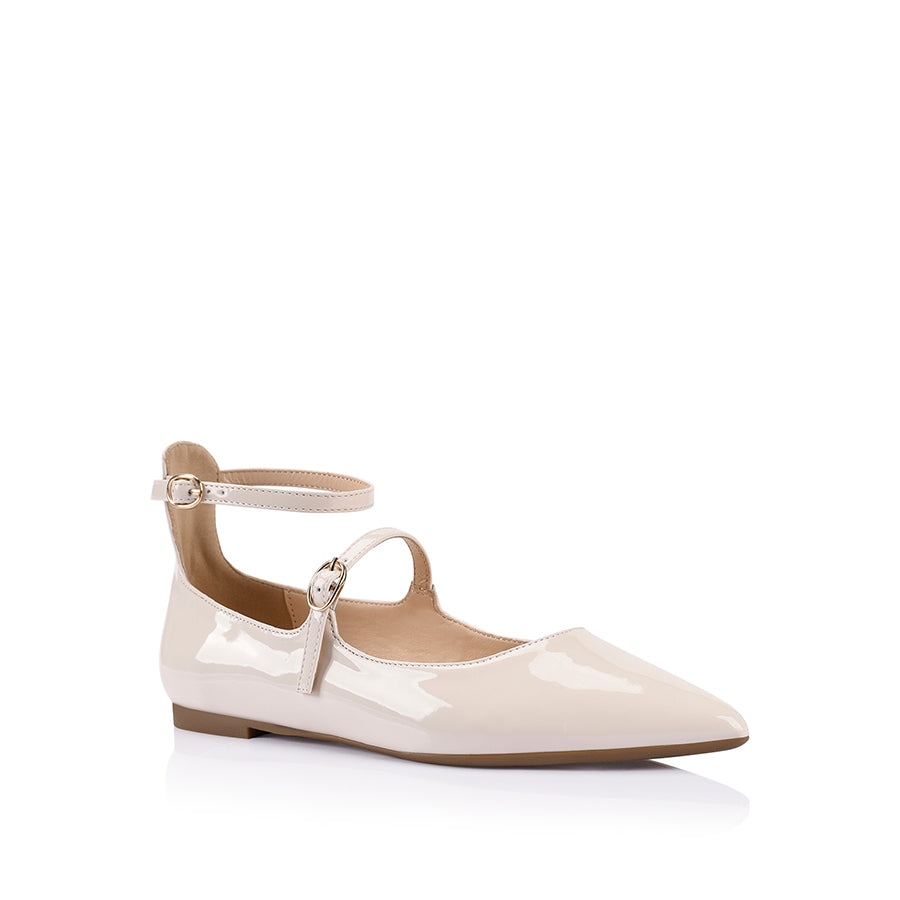 Issie Buckle Flats - Women's Bone Patent Leather Pointed Toe Ballet Flats for Work, Office & Casual Wear