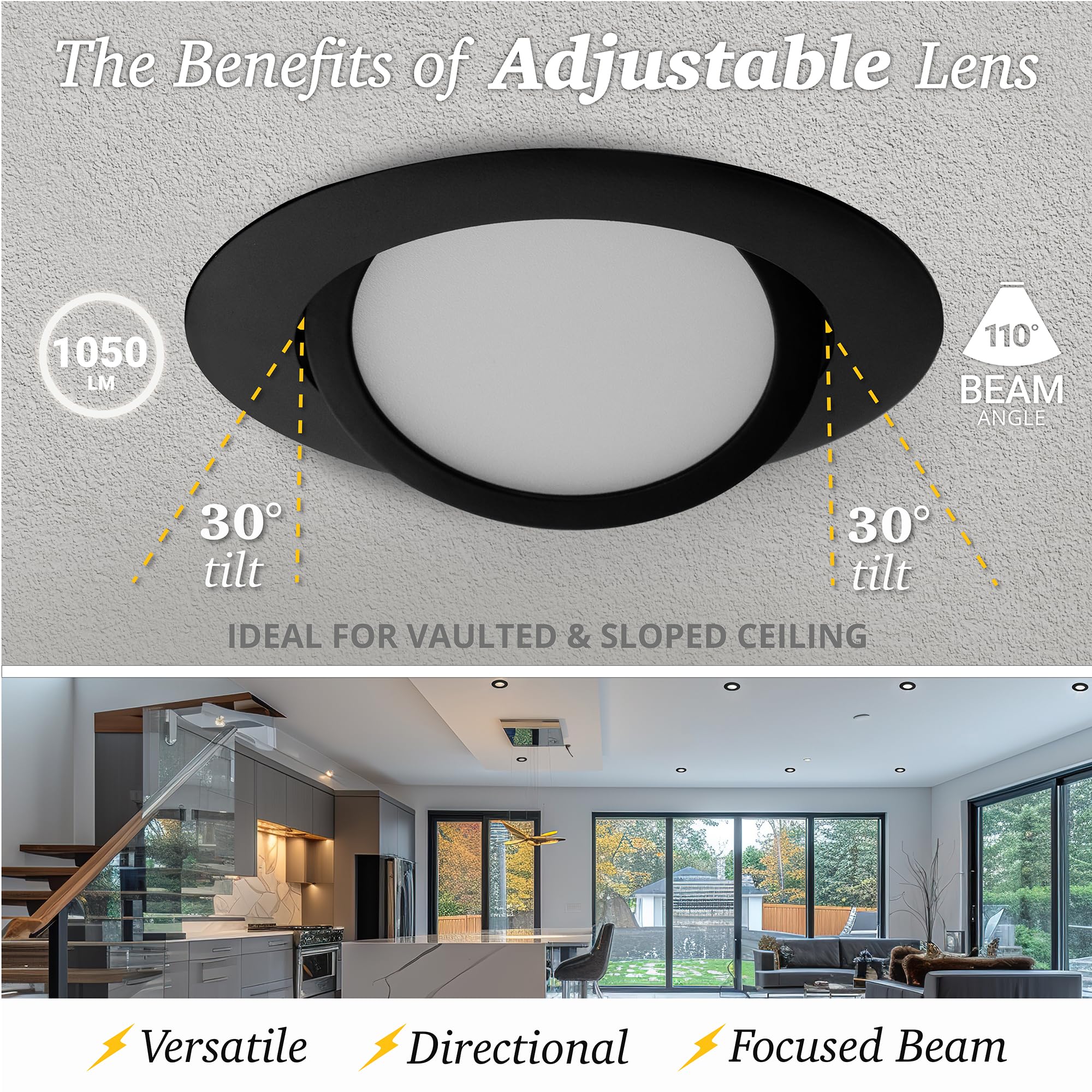 NUWATT 6 Inch Black Gimbal LED Recessed Lighting - 5CCT Adjustable Dimmable Wafer Lights (2700K-5000K) - 1050LM, 12W Canless Downlight for Sloped Ceiling - 6 Pack - Perfect for Living Room, Kitchen & Bedroom Lighting