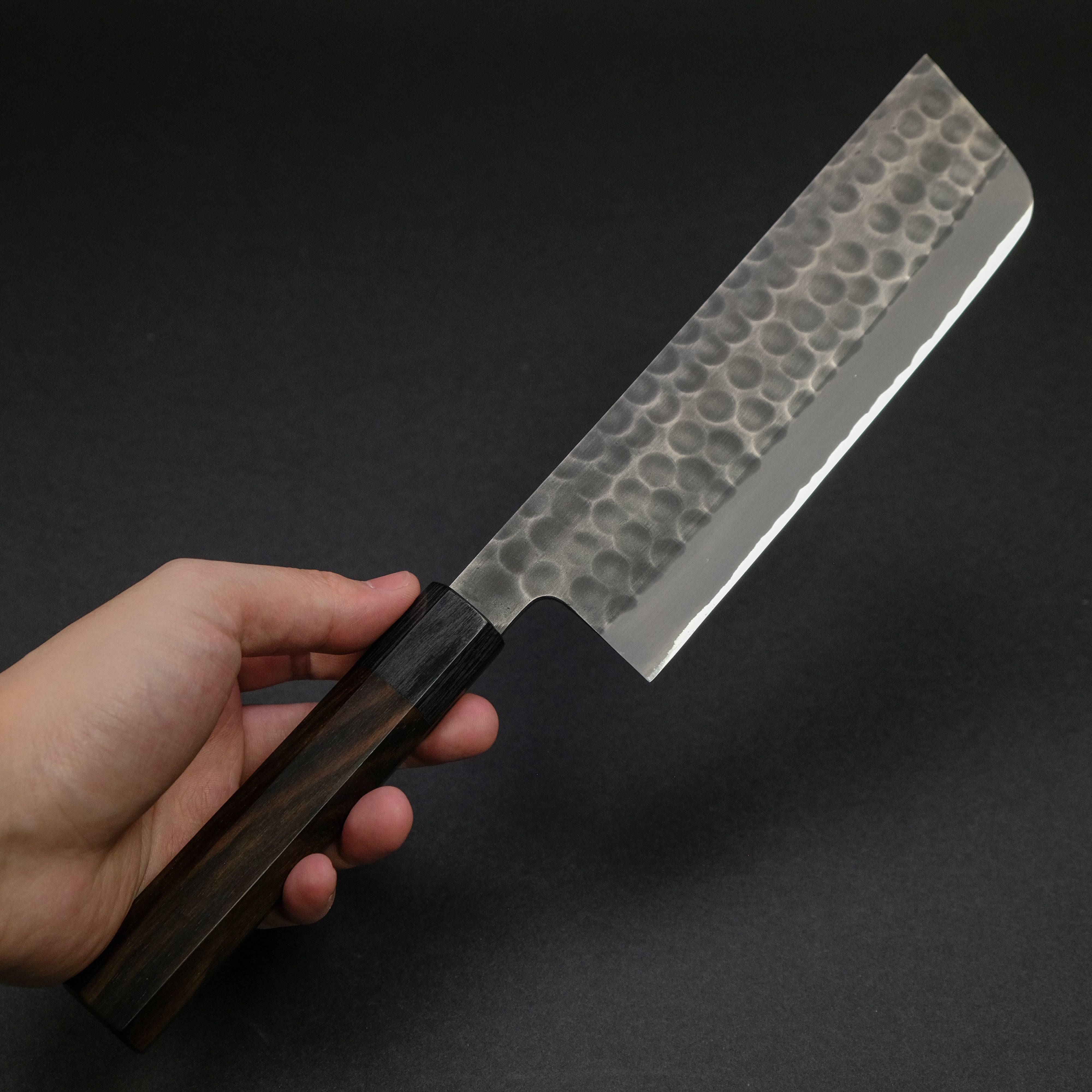 Mutsumi Blue Super Kurouchi Tsuchime Nakiri Knife 180mm with Ebony Handle - Japanese Chef Knife for Vegetable Chopping & Slicing