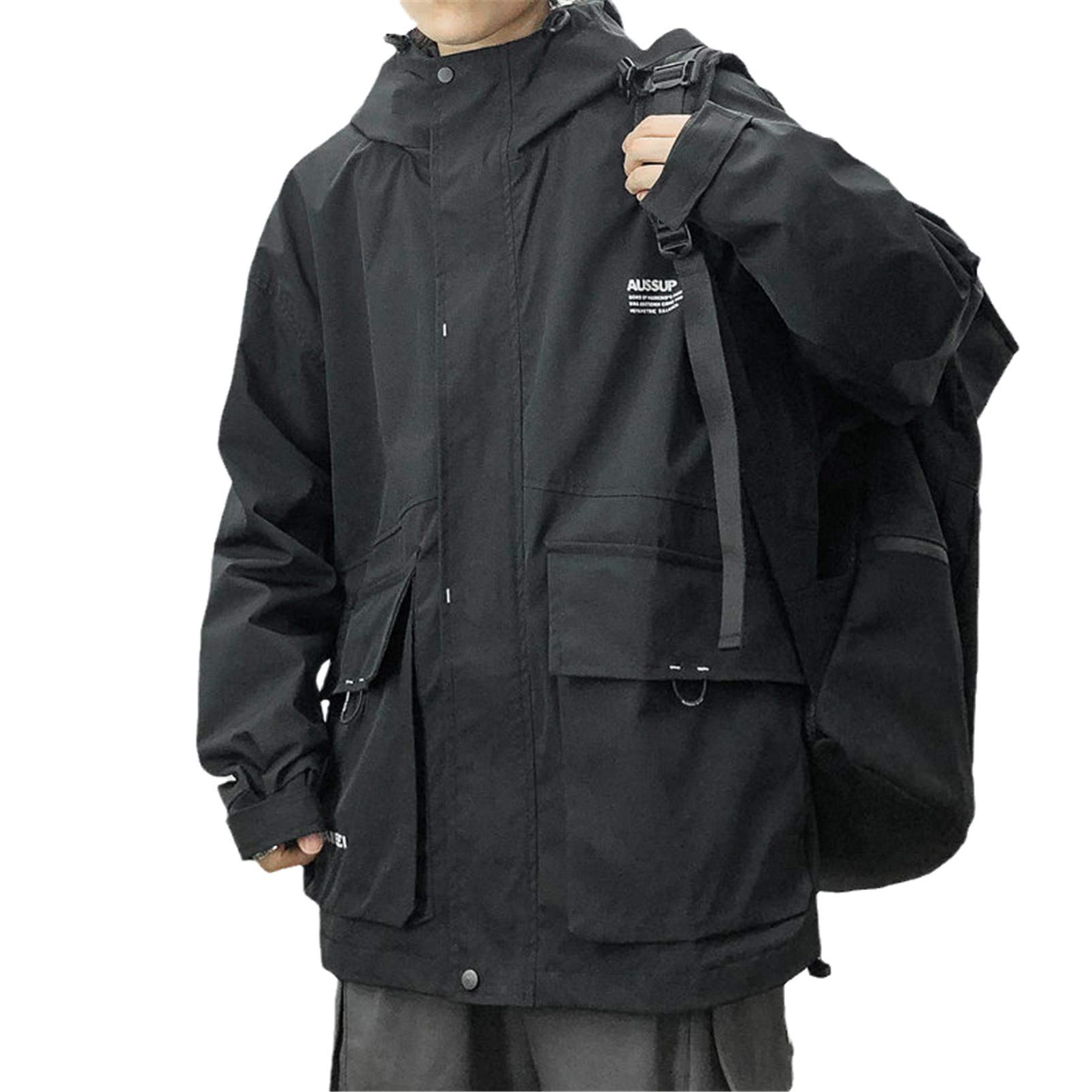 Japanese Streetwear Loose Fit Plus Size Hooded Jacket for Men - Black Harajuku Style Korean Fashion Coat | Autumn Outerwear for Casual Wear & Urban Street Style