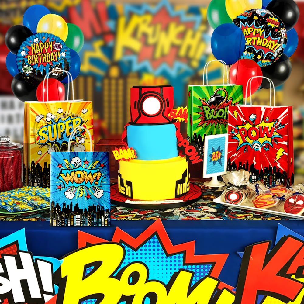 24 Pcs Hero Party Favor Bags with Handles - Comic Hero Theme Goodie Bags for Kids Birthday Party, Baby Shower & Special Events | Kraft Paper Gift Bags with Handles for Candy, Treats & Party Supplies | Perfect for Superhero Themed Decorations & Party Favors