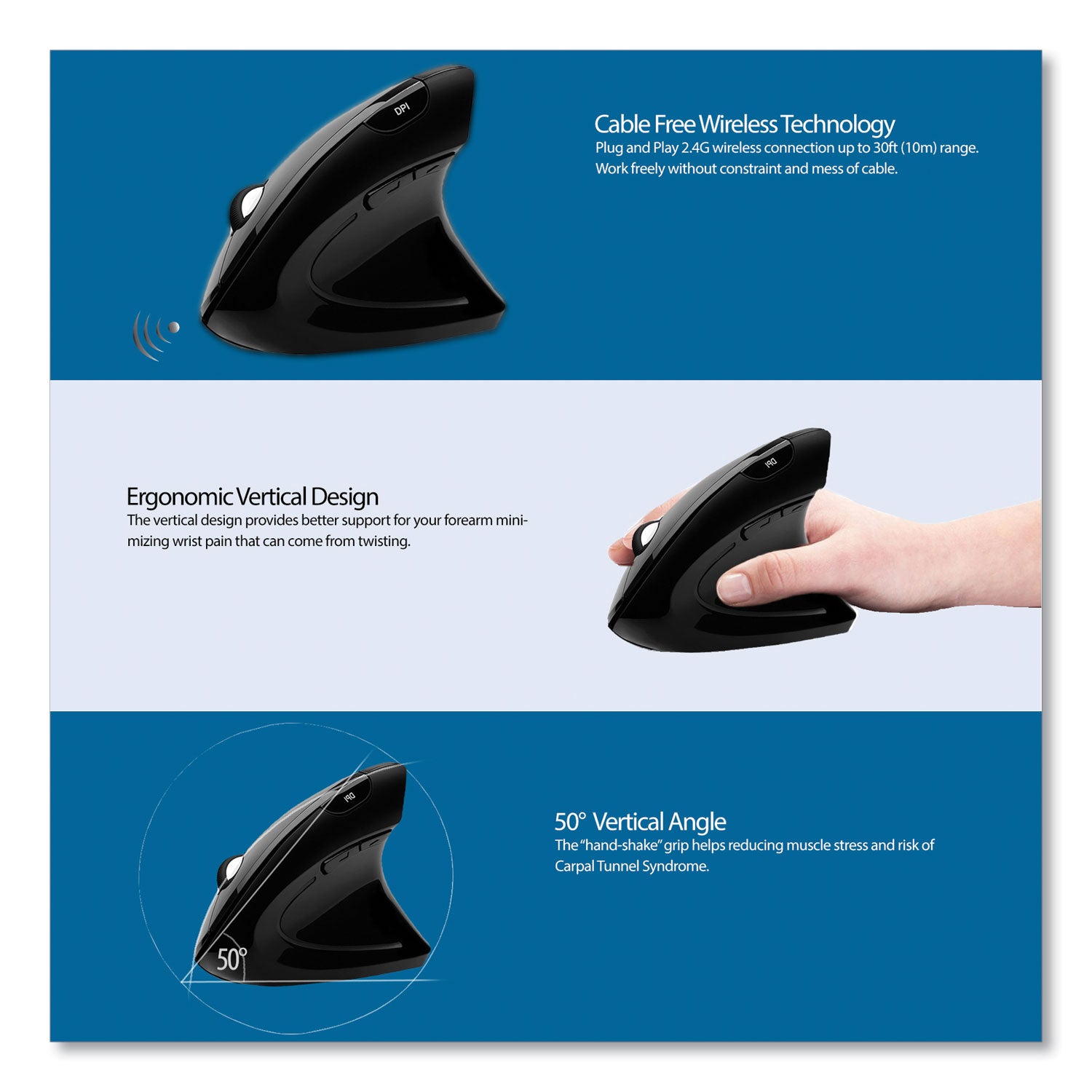 Adesso Imouse E10 Wireless Vertical Ergonomic USB Mouse - 2.4GHz Frequency with 33ft Range, Right-Handed Design, Black - Perfect for Office Work, Graphic Design & Long Computer Sessions