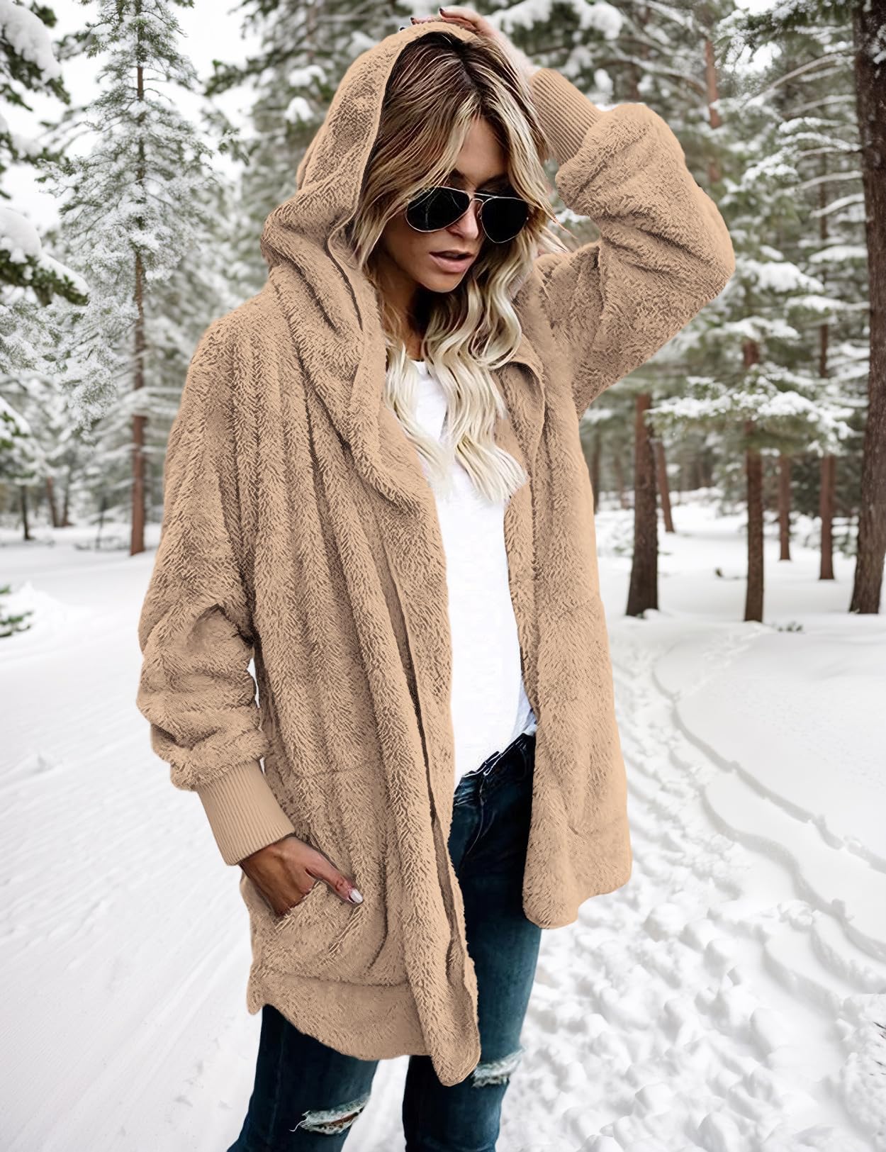 Zilcremo Women's Hooded Fuzzy Fleece Cardigan Jacket - Winter Open Front Cozy Coat with Pockets for Casual Wear & Outdoor Activities