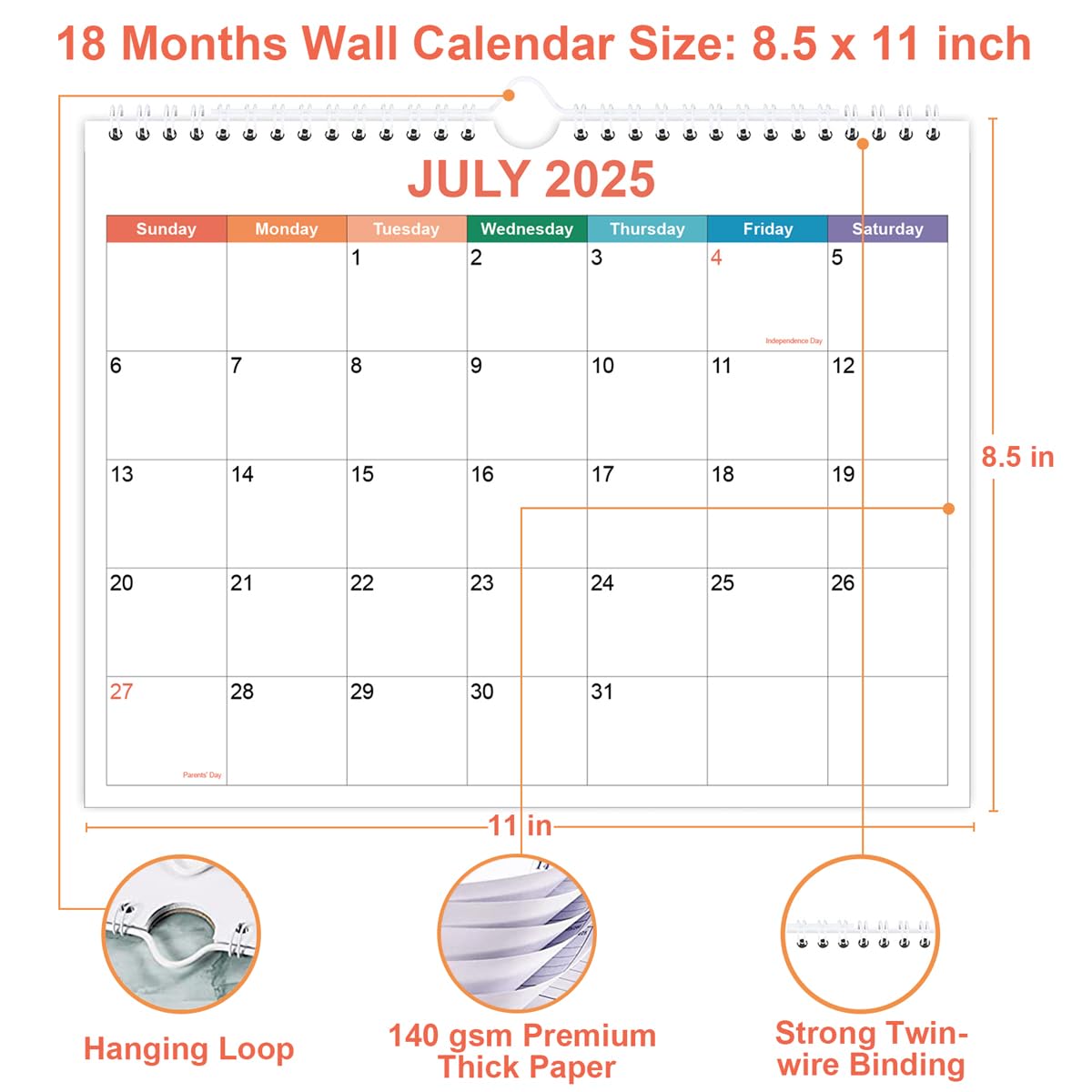 2025-2026 Wall Calendar | 18-Month Planner from July 2025 to December 2026 | Premium Thick Paper with Twin-Wire Binding & Hanging Hook | 8.5