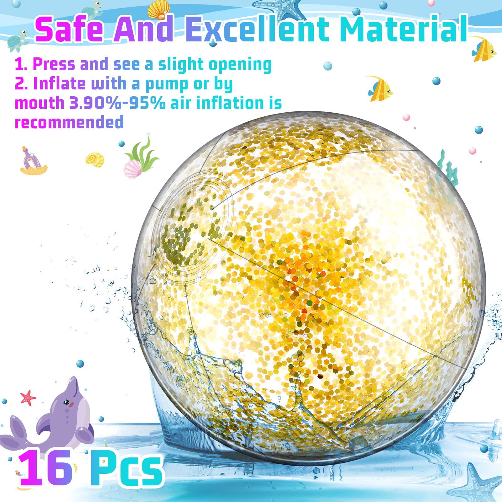 16 Pack LED Light Up Beach Balls - 9 Inch Glow in The Dark Pool Toys with Confetti Glitters for Summer Parties, Beach Games & Night Pool Fun - Bulk Inflatable Party Favors for Teens & Adults (Yellow)