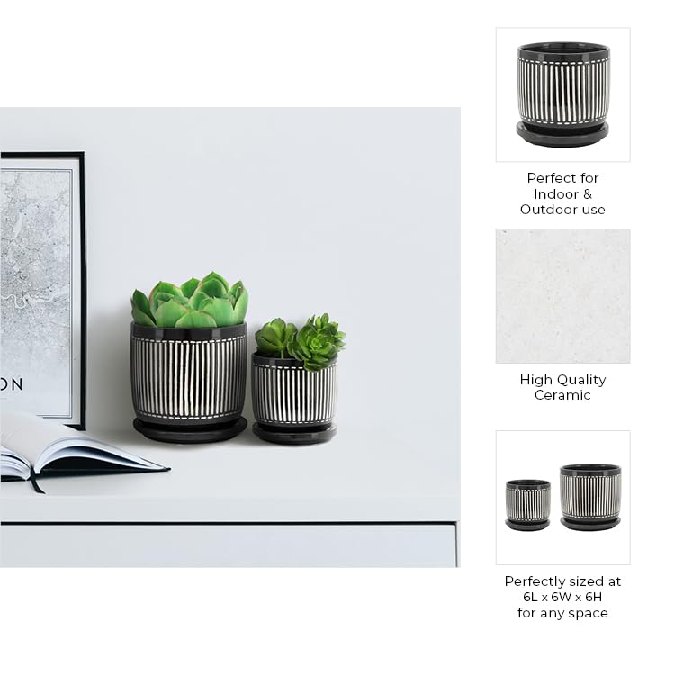 Modern Ceramic Planter Set with Saucers - Durable Stoneware Indoor Outdoor Plant Pots - Striped Design Flower Pots for Home Garden Decor - Set of 2 Black - Perfect for Living Room, Patio, and Office Decor