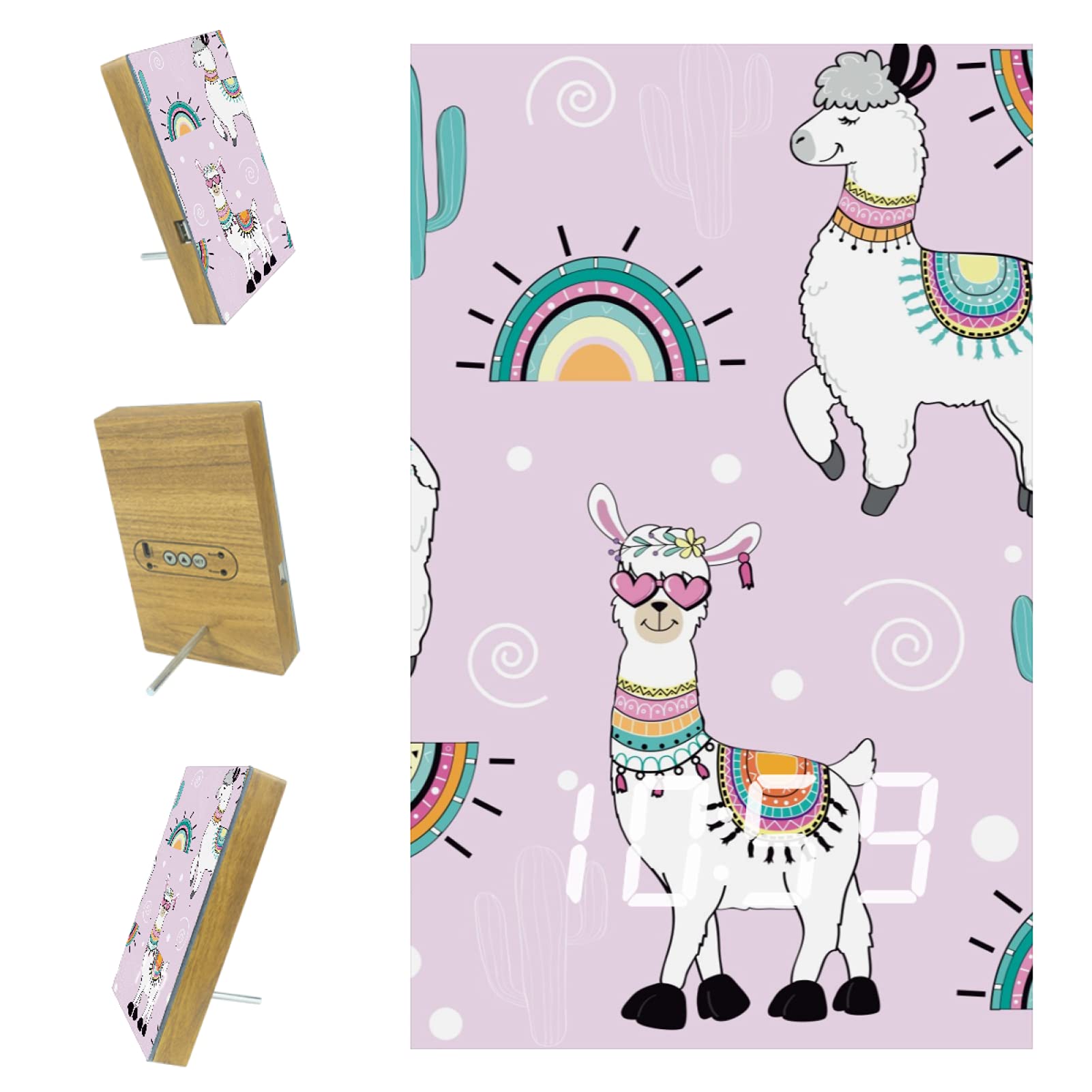 Cartoon Llama and Cactus Digital Alarm Clock with LED Display, Wood Grain Design, 3 Alarm Settings & Temperature Display - Perfect for Bedroom, Office, and Home Decor