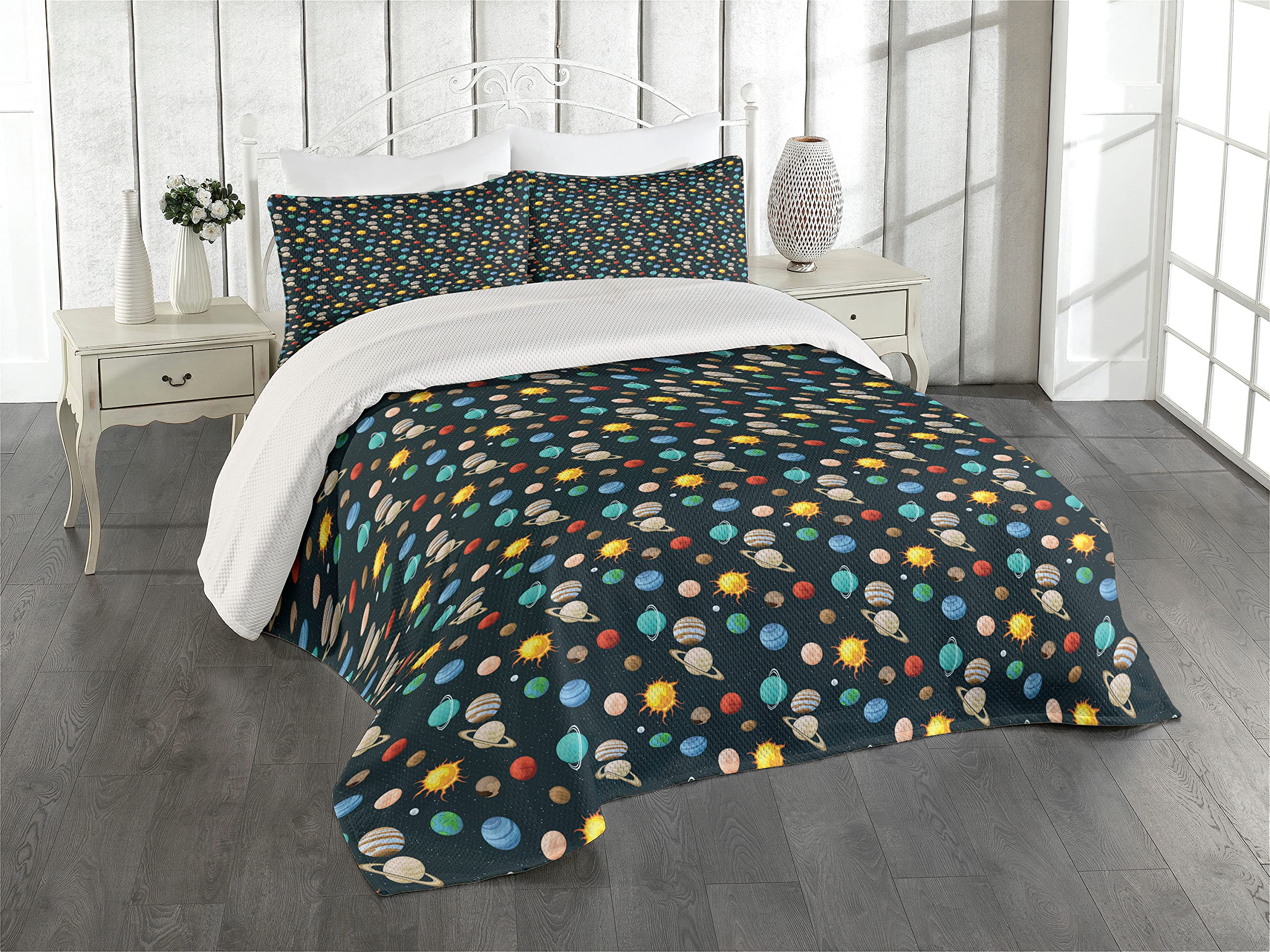 Ambesonne Solar System Galaxy Bedspread Set - King Size 3-Piece Quilted Coverlet with 2 Pillow Shams, Dark Teal & Multicolor Planets Print | Space Themed Bedding for Astronomy Lovers & Sci-Fi Decor