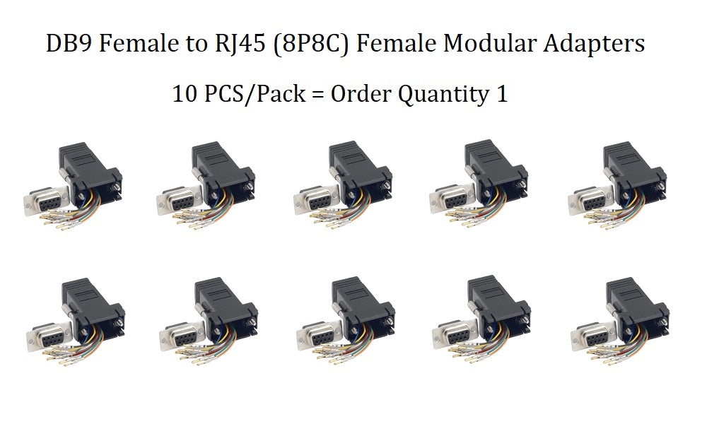 10-Pack DB9 Female to RJ45 (8P8C) Female Modular Adapter - Black | Serial to Ethernet Converter for Networking, Industrial Equipment & Computer Connectivity