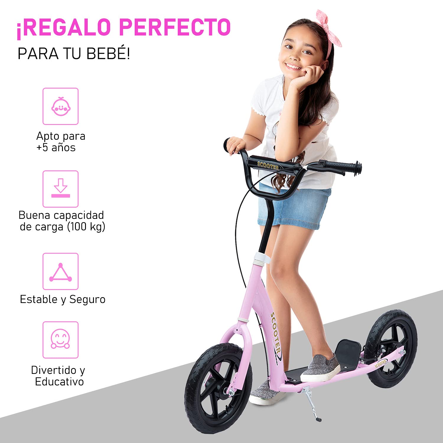 HOMCOM Kids Scooter for Ages 5-12 Years - 12 Inch Big Wheels, Adjustable Handlebar & Rear Brake, Max Load 50kg (120x52x80-88cm) - Pink - Perfect for Outdoor Play, Park Rides & Commuting to School