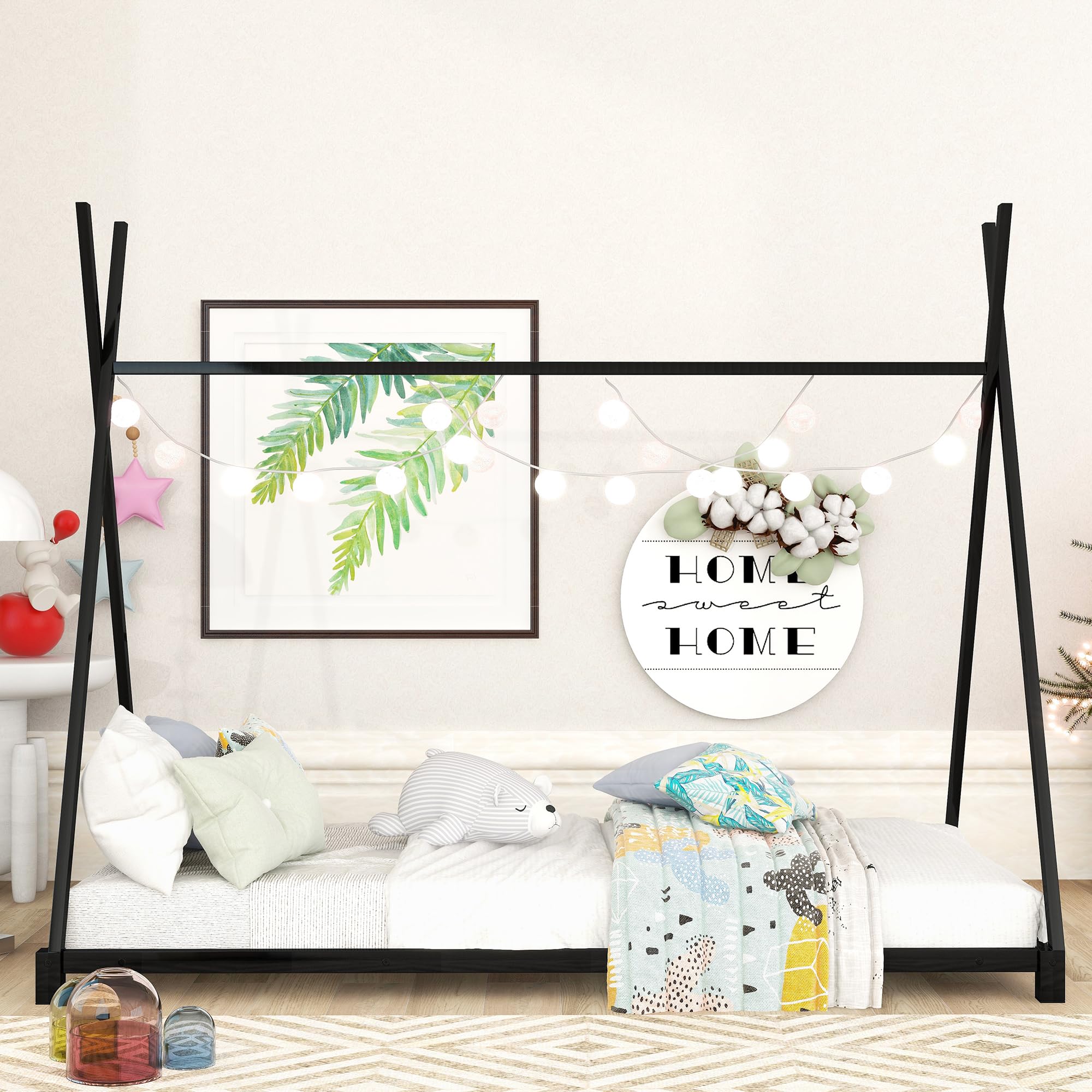 Montessori Floor Bed Frame Twin Size - Sturdy Wooden Twin Floor Bed with Slats & Triangle Structure - Kids House Bed for Boys & Girls - Black - Perfect for Montessori Bedrooms, Daycare Centers & Cozy Kids' Spaces