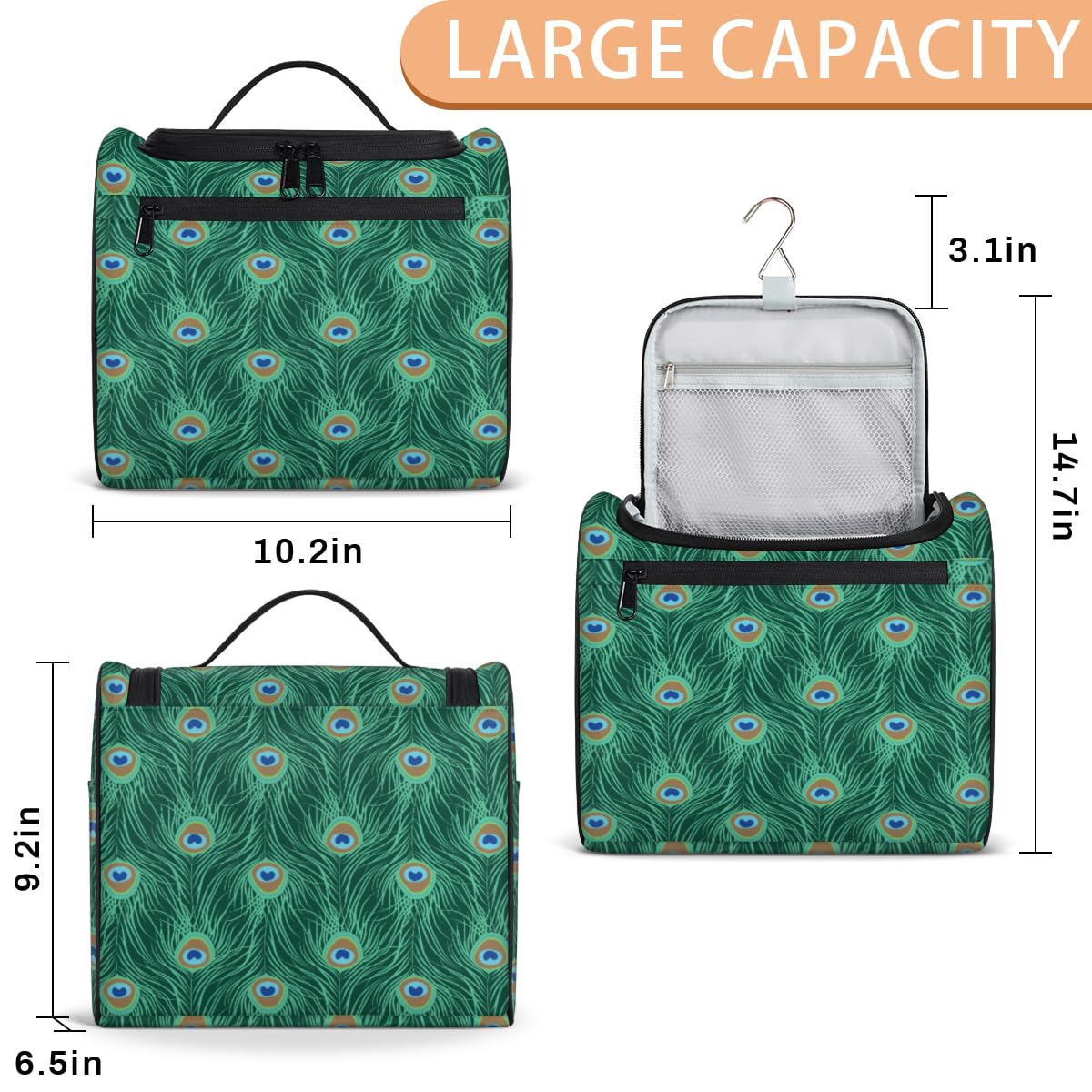 Green Peacock Feather Toiletry Bag for Women - Waterproof Makeup Organizer with Compartments, Perfect for Travel & Bathroom Storage