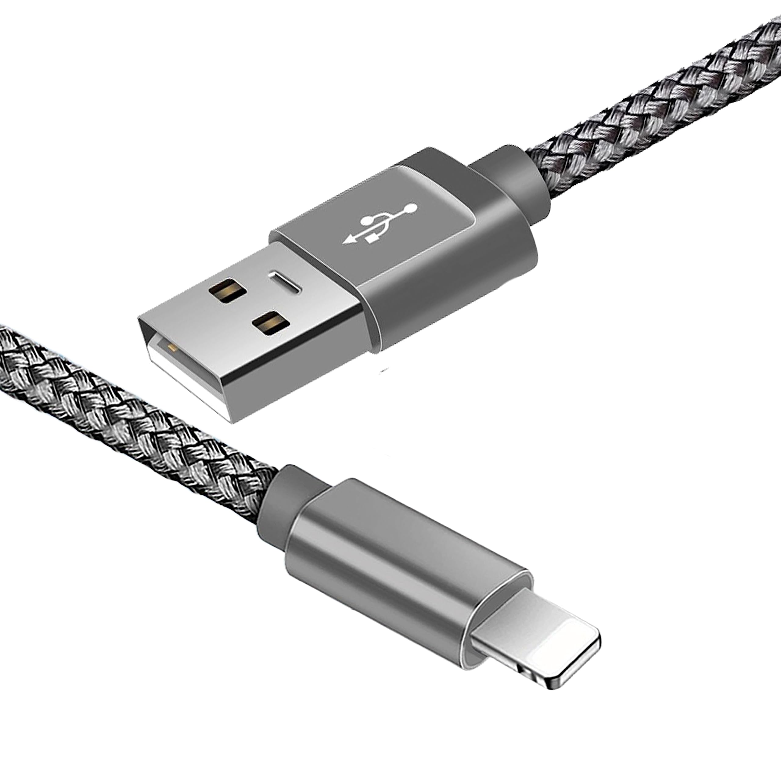 Premium Nylon Braided USB Charger Cable for iPhone 14/13/12/11/Pro Max/X/XS/XR/10/8/7/6/6s/5s/5/SE - 6.6FT Fast Charging Cord with Durable Silver Coating - Perfect for Home, Office, Car & Travel Charging