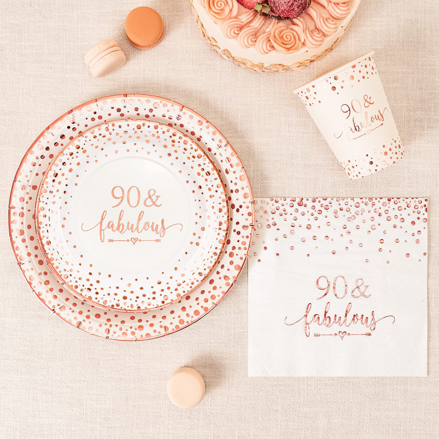 Premium Rose Gold Foil 90th Birthday Party Supplies - 24-Piece Disposable Tableware Set (9