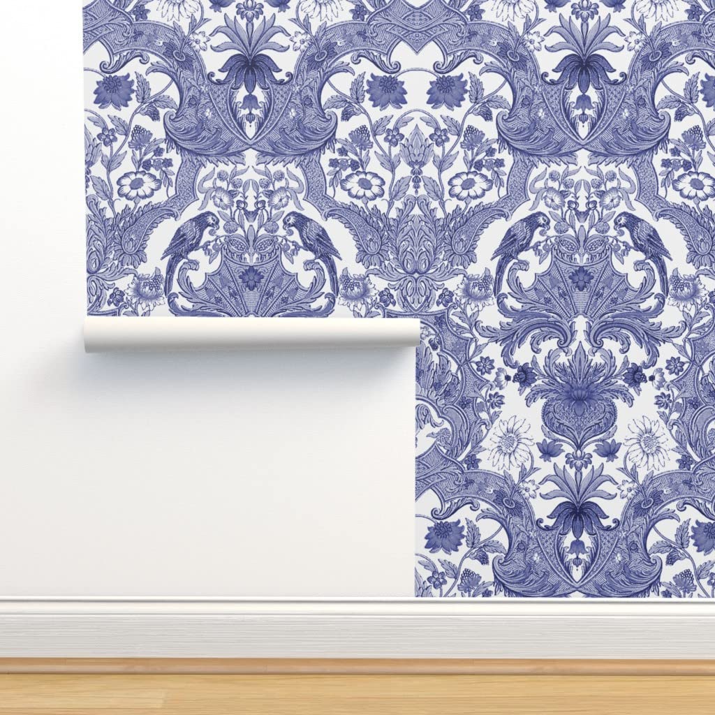 Peel & Stick Wallpaper 9ft x 2ft - Blue White Parrot Damask Floral Vintage Removable Wallpaper | Self-Adhesive Wall Decor for Bedroom, Living Room, Nursery & Office by Spoonflower