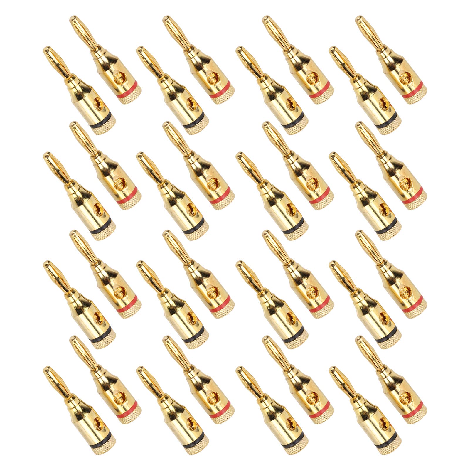 32pcs Gold Plated Banana Plugs Speaker Wire Connectors - Open Screw Type for 12-18 AWG, 2-Color (Red/Black) - Perfect for Home Theater, Car Audio & Professional Speaker Installations