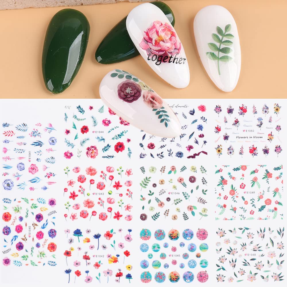 11 Sheets 3D Self-Adhesive Flower Nail Art Stickers - Spring Floral & Leaf Nail Decals for Women & Girls | Acrylic Nail Designs, Manicure Tips & Decorations (E1040-1050) | Perfect for Spring Nail Art, DIY Manicures & Professional Salon Use