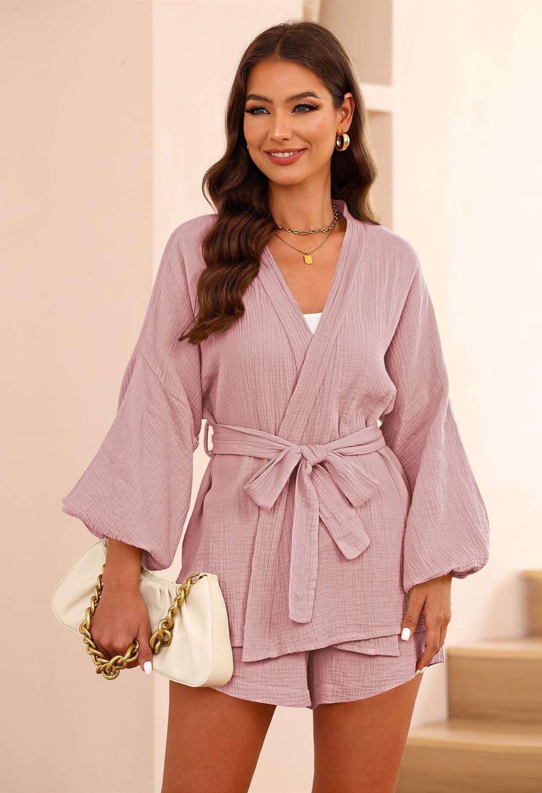 Fixmatti Women's 2-Piece Summer Outfit - V-Neck Long Sleeve Top & High Waisted Shorts Lounge Set with Belt | Casual Wear, Home Comfort, Vacation Outfit