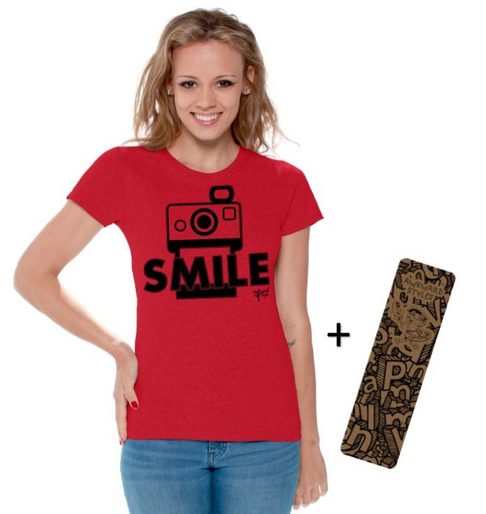 Funny Women's Smile T-Shirt - Black Graphic Tee with Bonus Bookmark | Cute Casual Outfit for Photographers & Camera Lovers