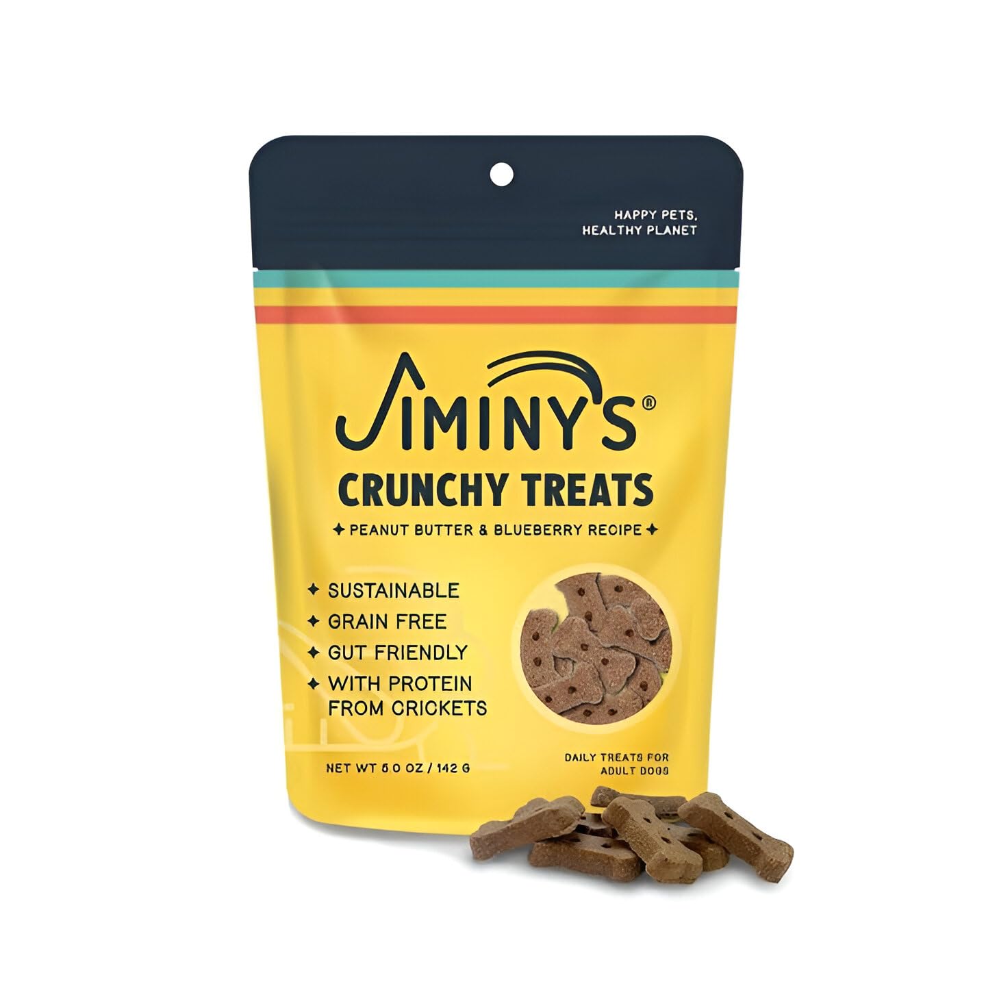Jiminy's Crunchy Peanut Butter & Blueberry Dog Treats - Hypoallergenic, Prebiotic, Tummy Friendly, Low Calorie Cricket Protein Snacks for Dogs - Sustainable, All-Natural, Grain-Free - 5oz (Pack of 1) - Perfect for Training, Rewards & Sensitive Stomachs