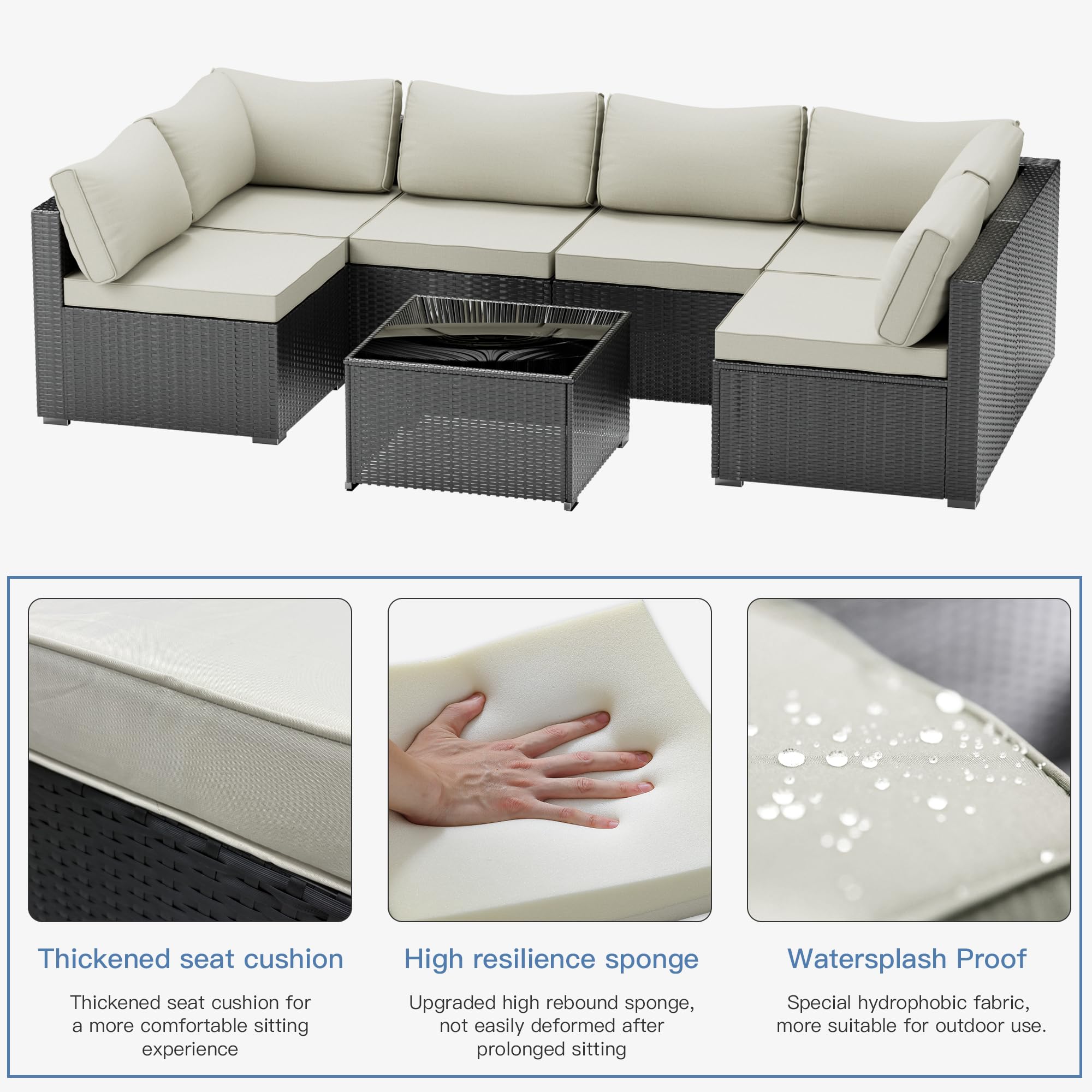 7-Piece Skyfish Patio Furniture Set - Outdoor Wicker Rattan Sectional Sofa with Cushions & Glass Table, Modular Conversation Set for Porch, Poolside, Backyard, Garden or Deck (Weather-Resistant)