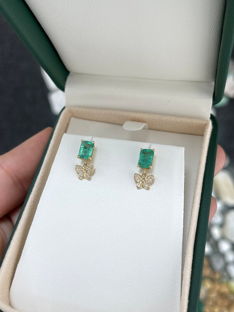 2.40tcw 14K Gold Natural Emerald & Diamond Butterfly Dangle Earrings for Women - Elegant Jewelry Gift for Birthday, Anniversary & Special Occasions