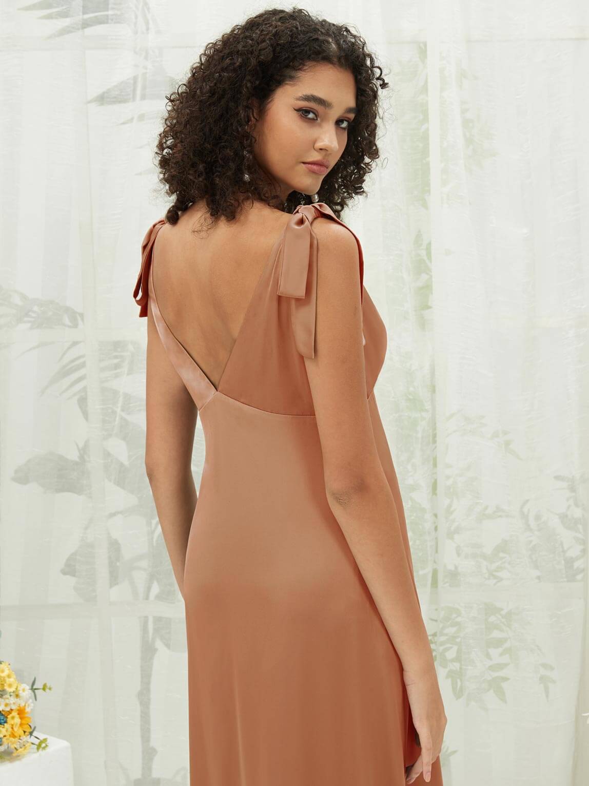 Elegant V-Neck Silk Satin Bridesmaid Dress with Detachable Bow Straps - Convertible Tea-Length Formal Gown for Weddings, Parties & Special Occasions