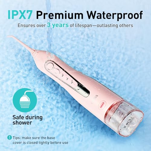 COSLUS 300ML Portable Cordless Water Dental Flosser - Rechargeable Electric Teeth Cleaning Oral Irrigator with IPX7 Waterproof, Travel-Friendly Teeth Pick for Home & Travel Use (Pink, Model C20-F5020E) - Perfect for Daily Oral Care, Braces Cleaning, and Gum Health Maintenance