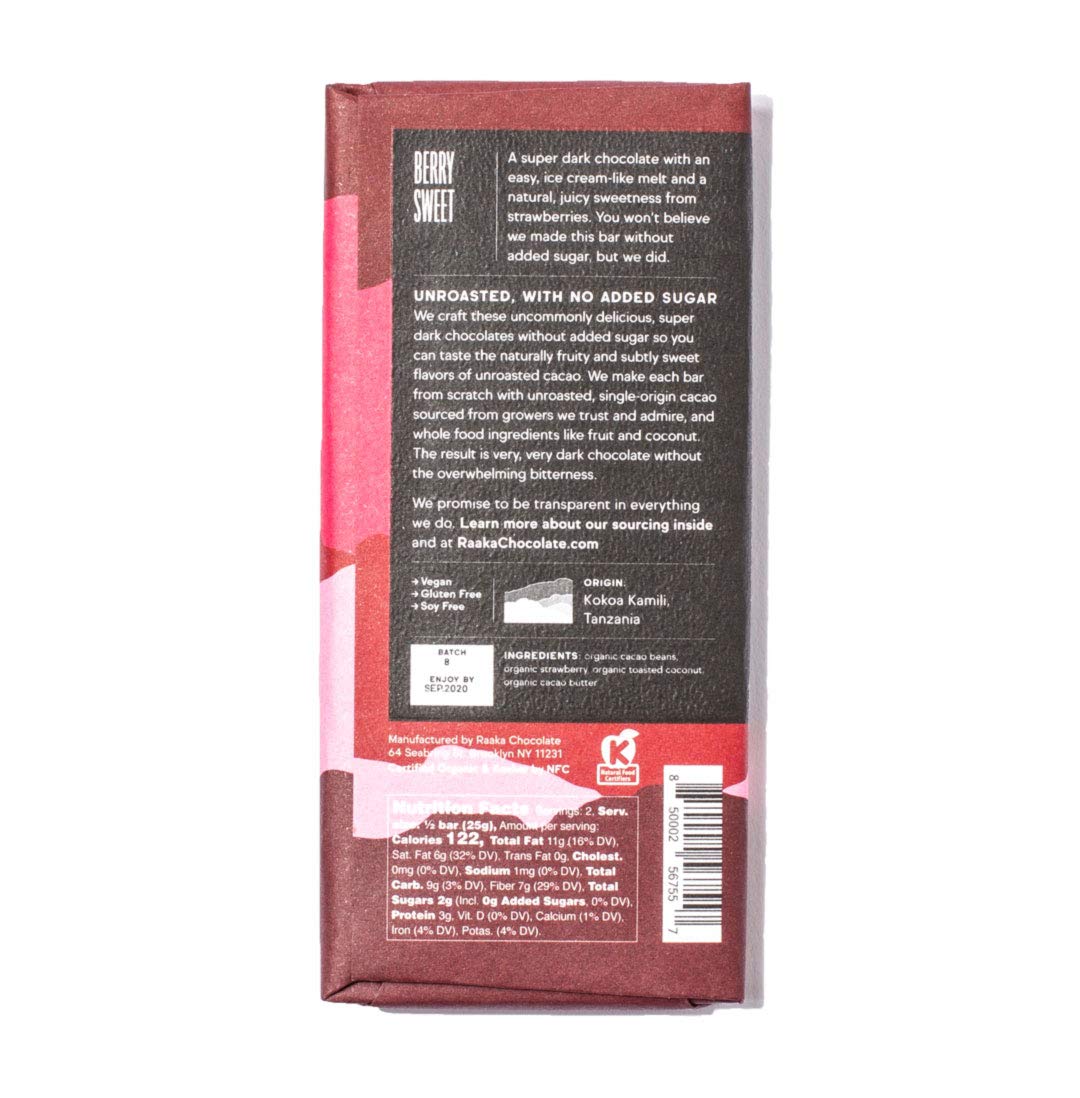 Organic Vegan Raaka Chocolate Bars - Strawberry Coconut, 3-Pack (1.8oz) - Fair Trade, Keto & Paleo Friendly for Healthy Snacking