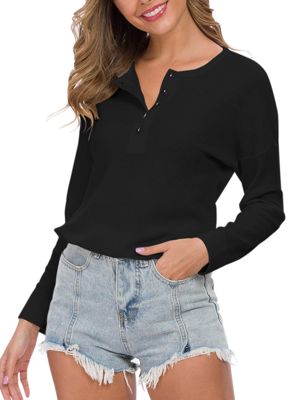 WNEEDU Women's Waffle Knit Tunic Top - Loose Fit Long Sleeve Button Up Henley Shirt with V-Neck | Casual Office Wear, Layering Piece & Fall Fashion Essential