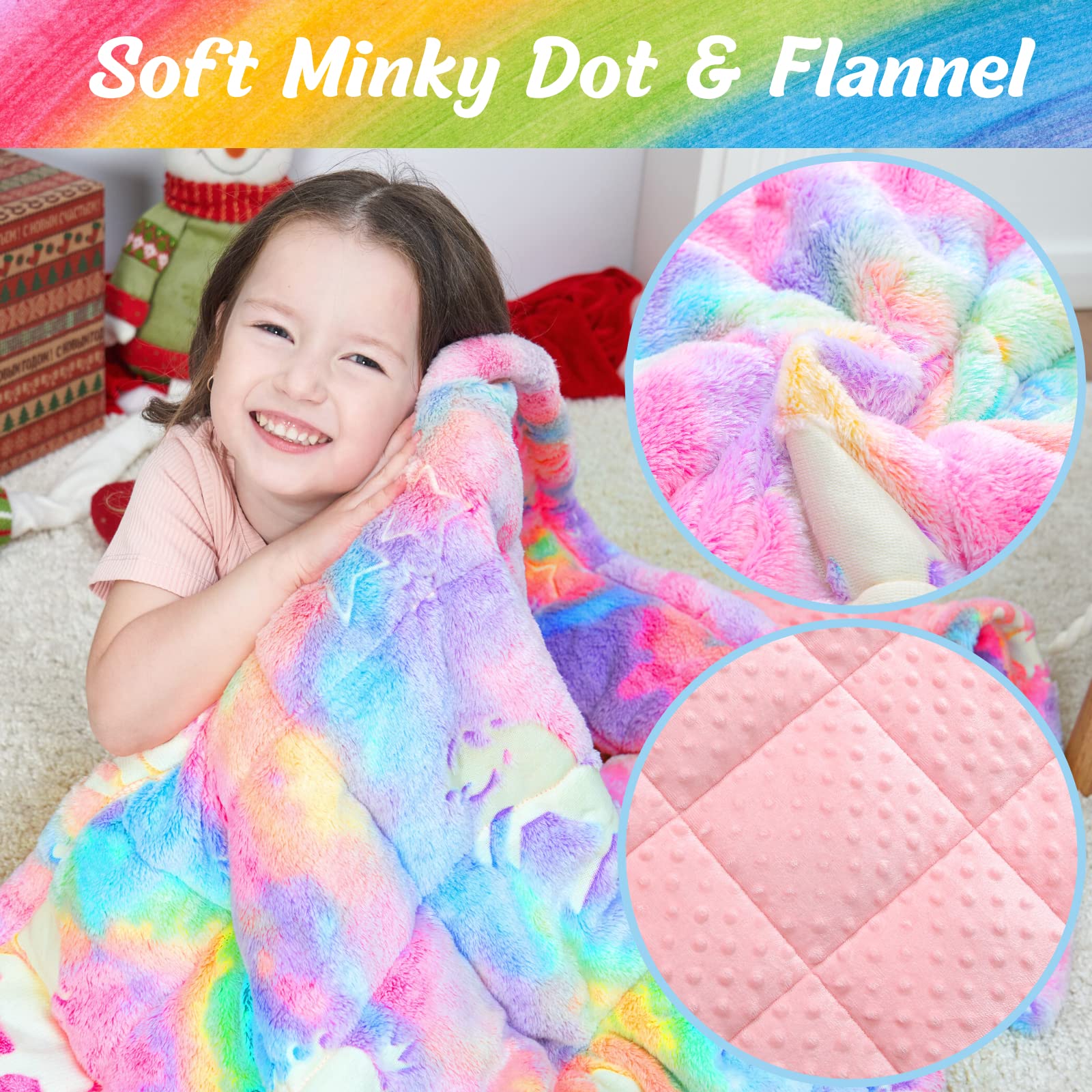 Glow in The Dark Weighted Blanket 5 lbs - Rainbow Unicorn Flannel Blanket for Girls & Kids - Soft & Cozy 5 Pound Weighted Blanket for Anxiety Relief, Stress, Better Sleep - Perfect for Bedroom, Nursery, or Relaxation