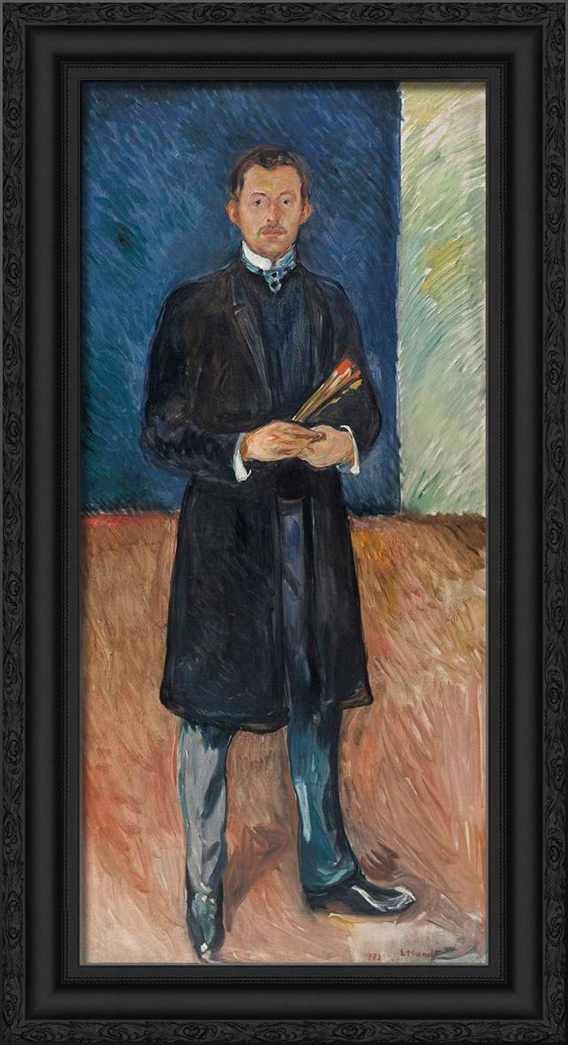 Edvard Munch Self-Portrait with Brushes 1904 - 21x40 Large Black Ornate Framed Canvas Art Print - Perfect for Living Room, Bedroom or Office Wall Decor