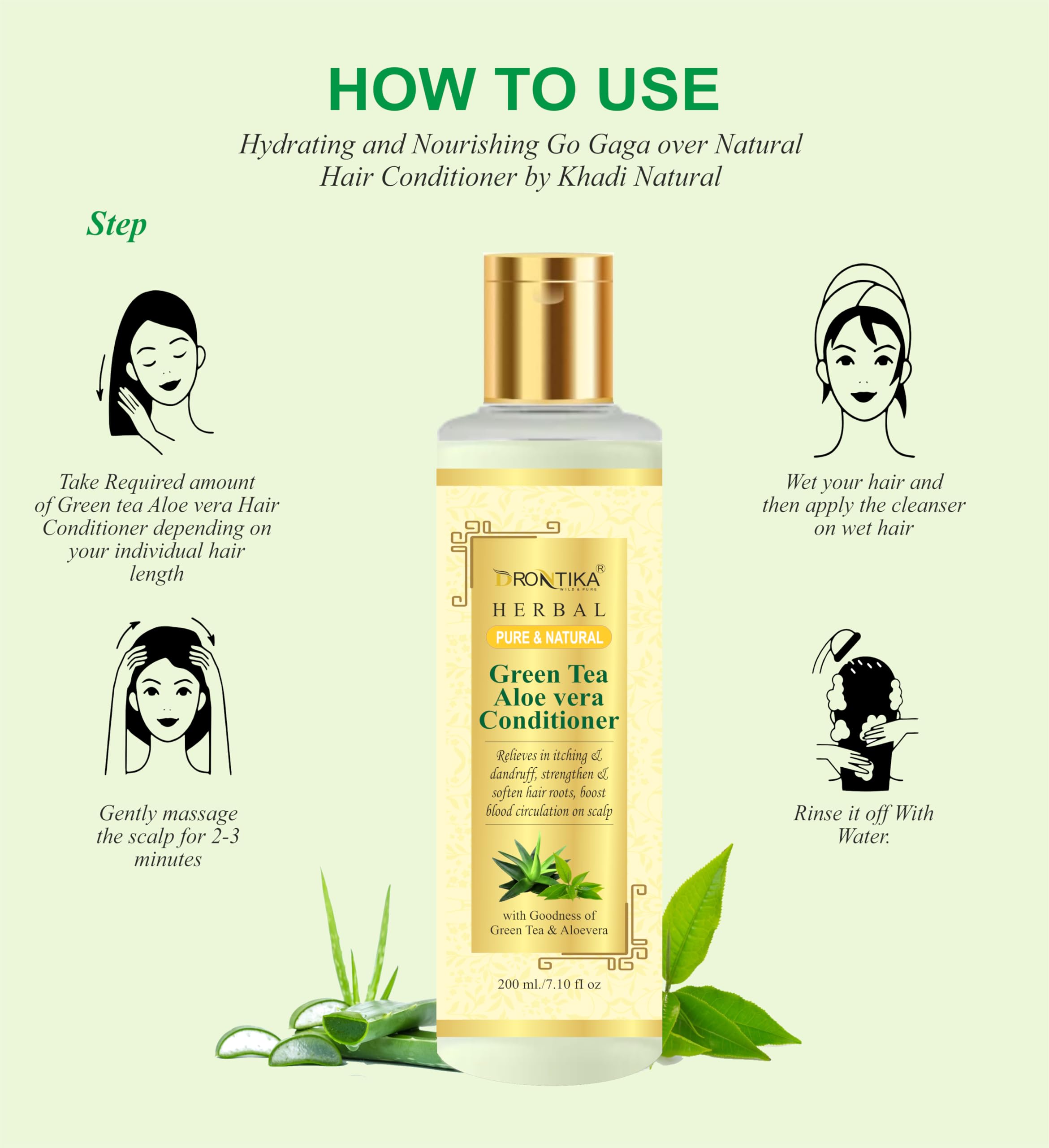 Drontika Herbal Green Tea & Aloe Vera Anti-Dandruff Conditioner - Sulfate Free, Paraben Free, Silicone Free - 200ml for Dry, Itchy Scalp & Flaky Hair - Natural Hair Care Solution for Men & Women