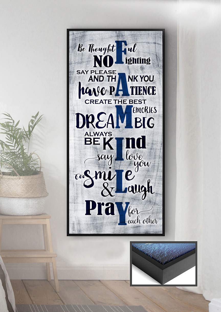 Farmhouse Family Sign Wall Art - Blue & Black Framed Canvas for Living Room Decor